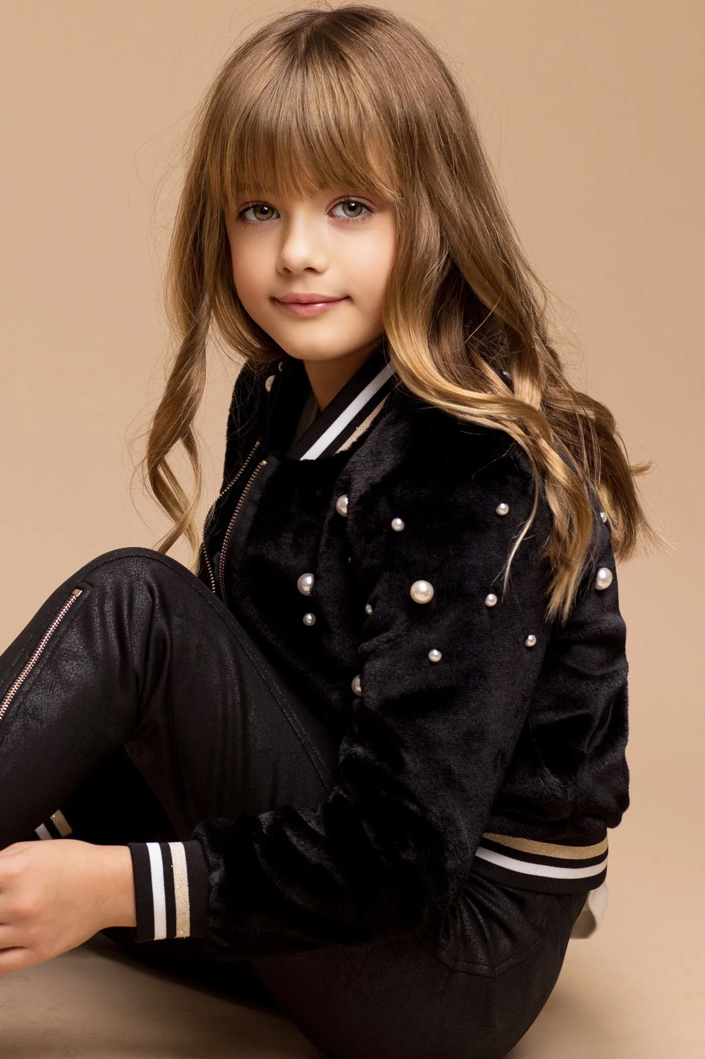 Little Girl's Luxe Faux Fur Pearl Bomber Jacket