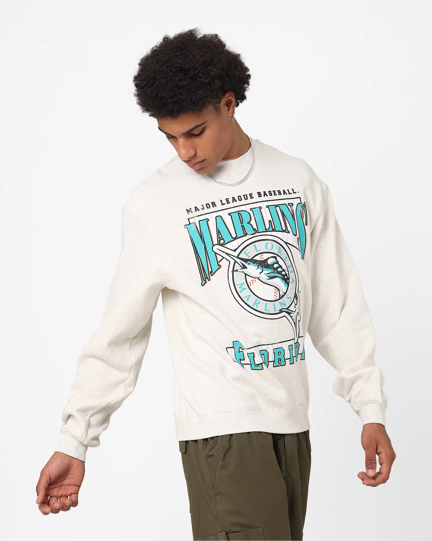 Majestic Athletic Florida Marlins LGU Arch Crew Sweatshirt Vintage White Marle