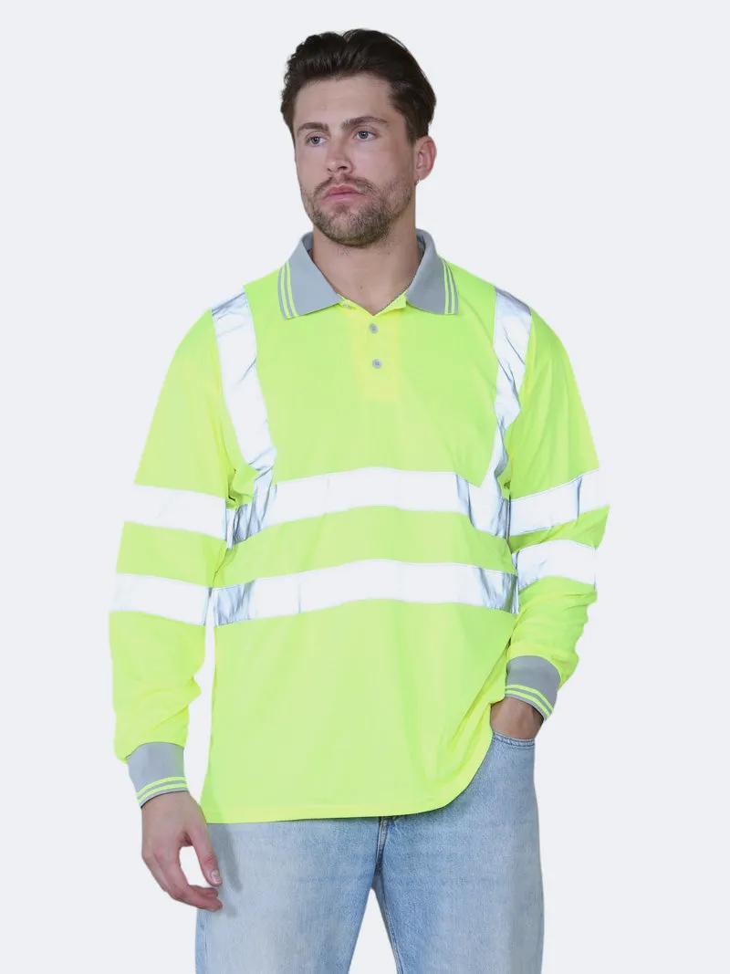 Men Hi Viz Long Sleeve Polo Shirt Workwear Top