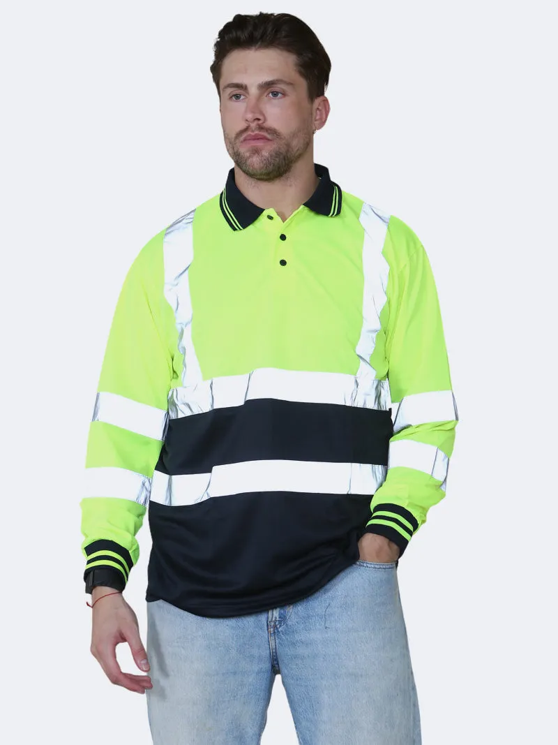 Men Hi Viz Long Sleeve Polo Shirt Workwear Top