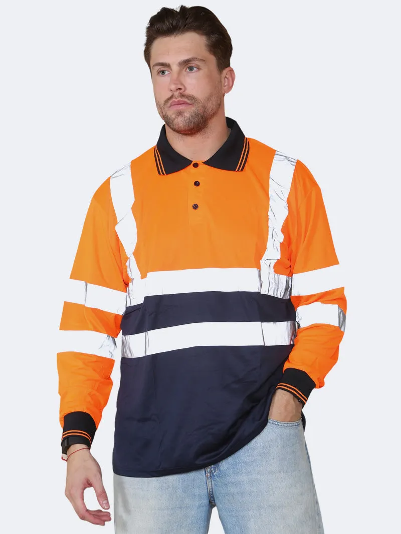 Men Hi Viz Long Sleeve Polo Shirt Workwear Top