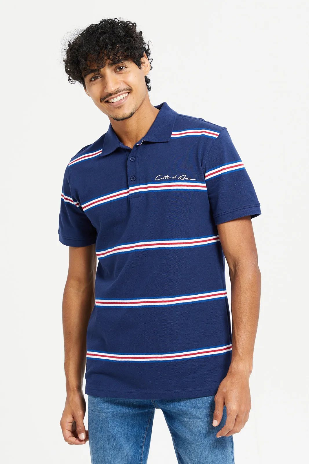 Men Navy Striped Polo Shirt