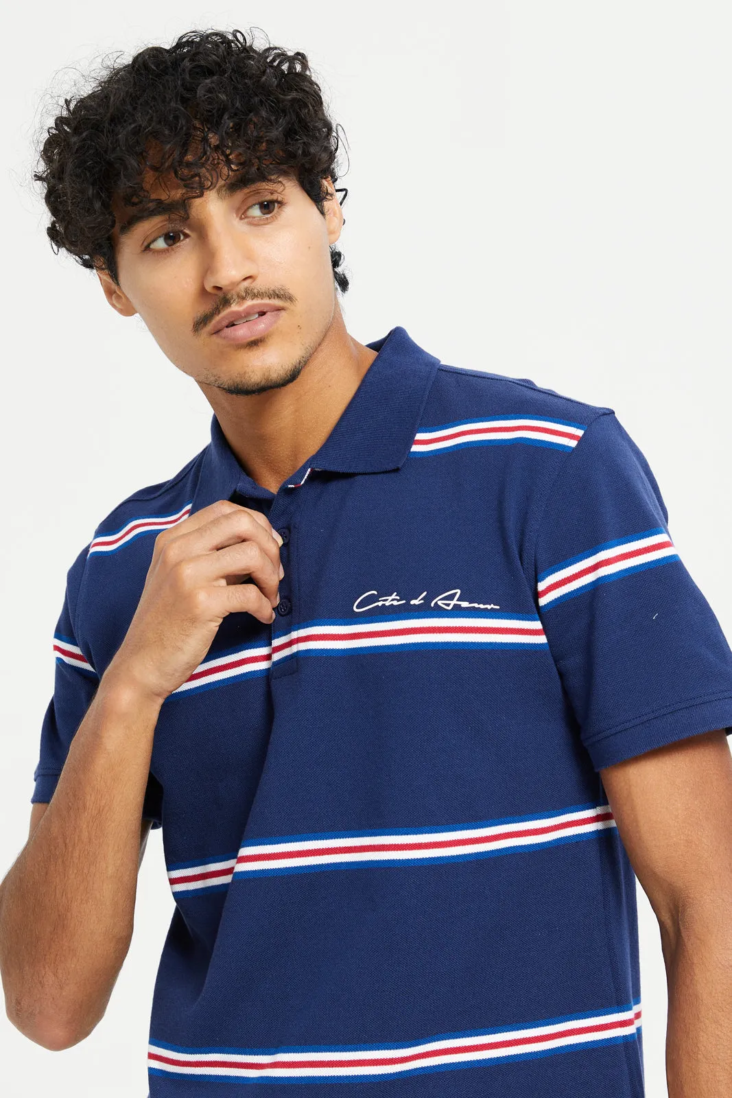 Men Navy Striped Polo Shirt