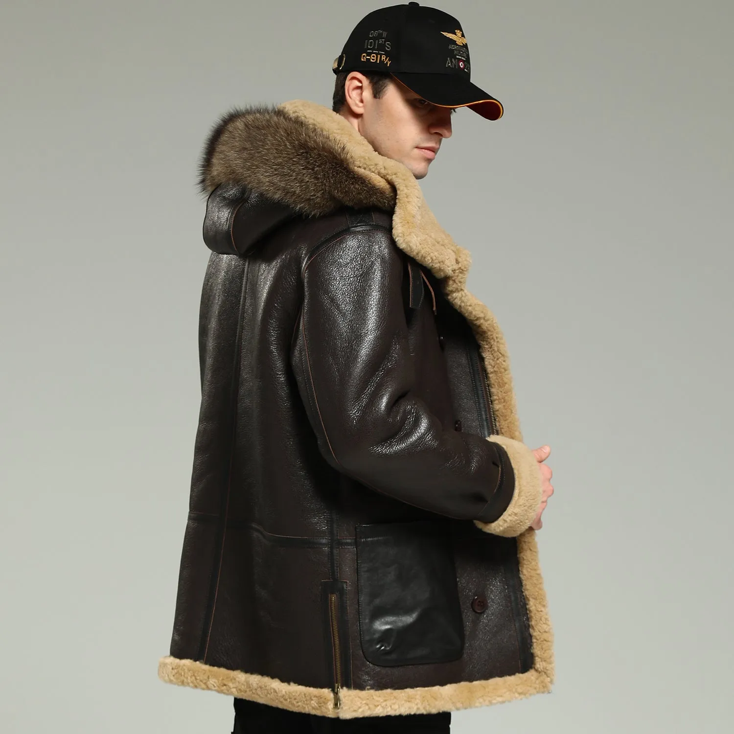 Men's Dark Brown Wool Fox fur B7 Bomber Jacket