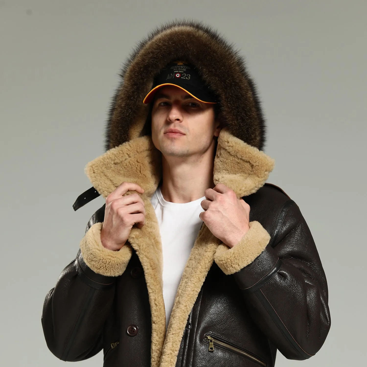 Men's Dark Brown Wool Fox fur B7 Bomber Jacket