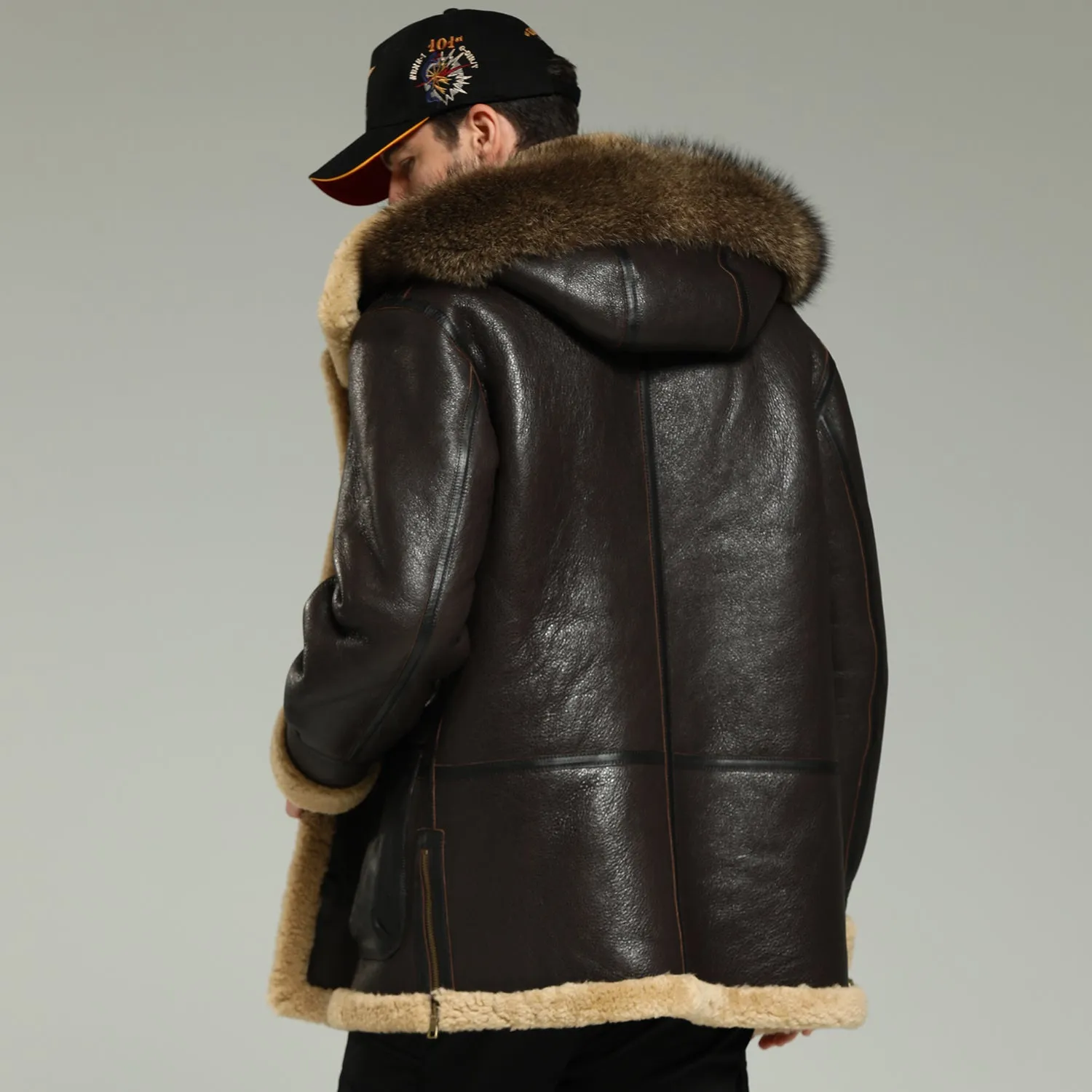 Men's Dark Brown Wool Fox fur B7 Bomber Jacket