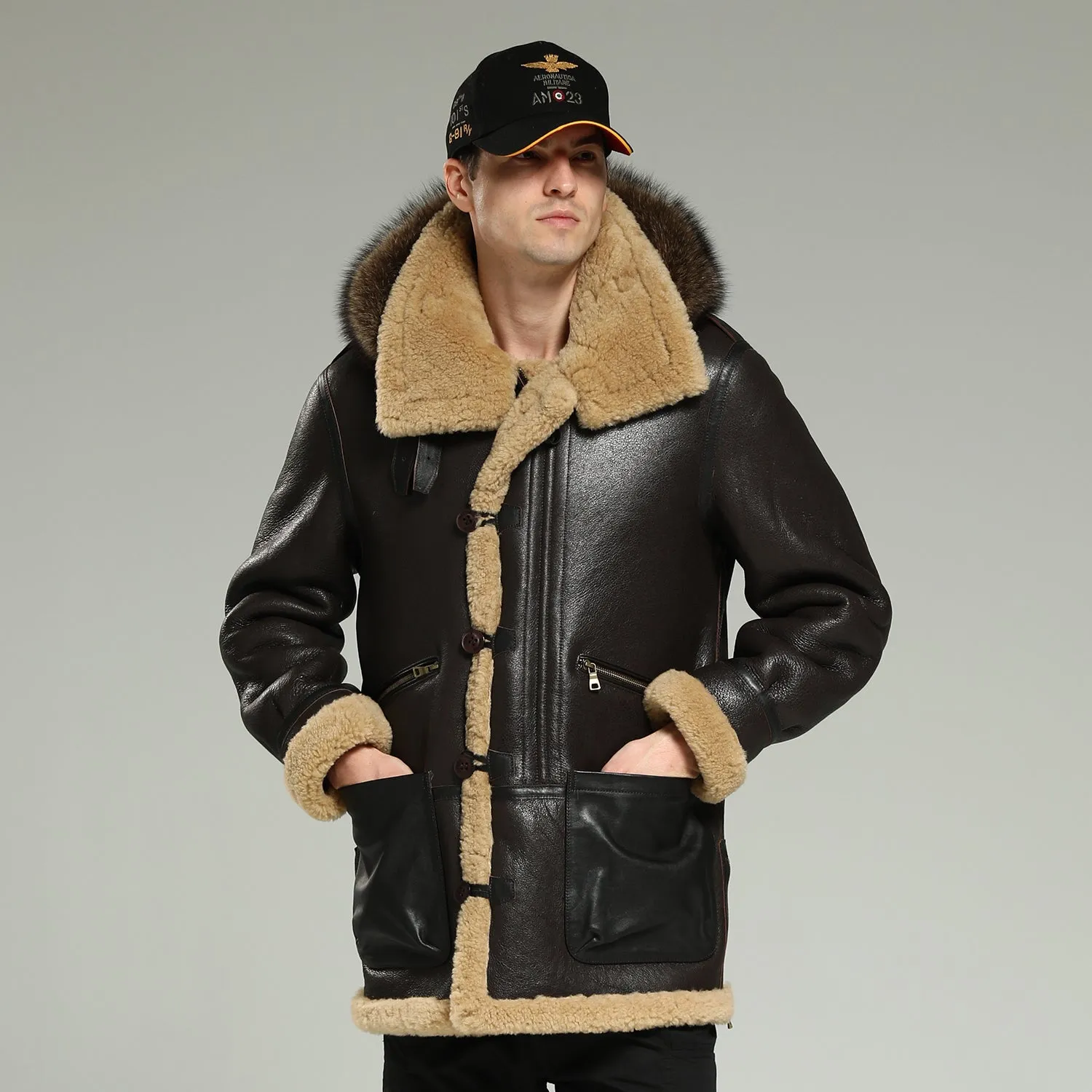 Men's Dark Brown Wool Fox fur B7 Bomber Jacket