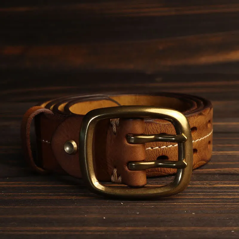 Men's Double Holes Brass Buckle Leather Belt