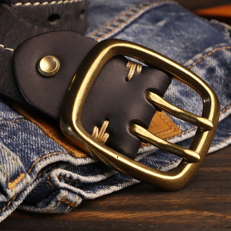 Men's Double Holes Brass Buckle Leather Belt