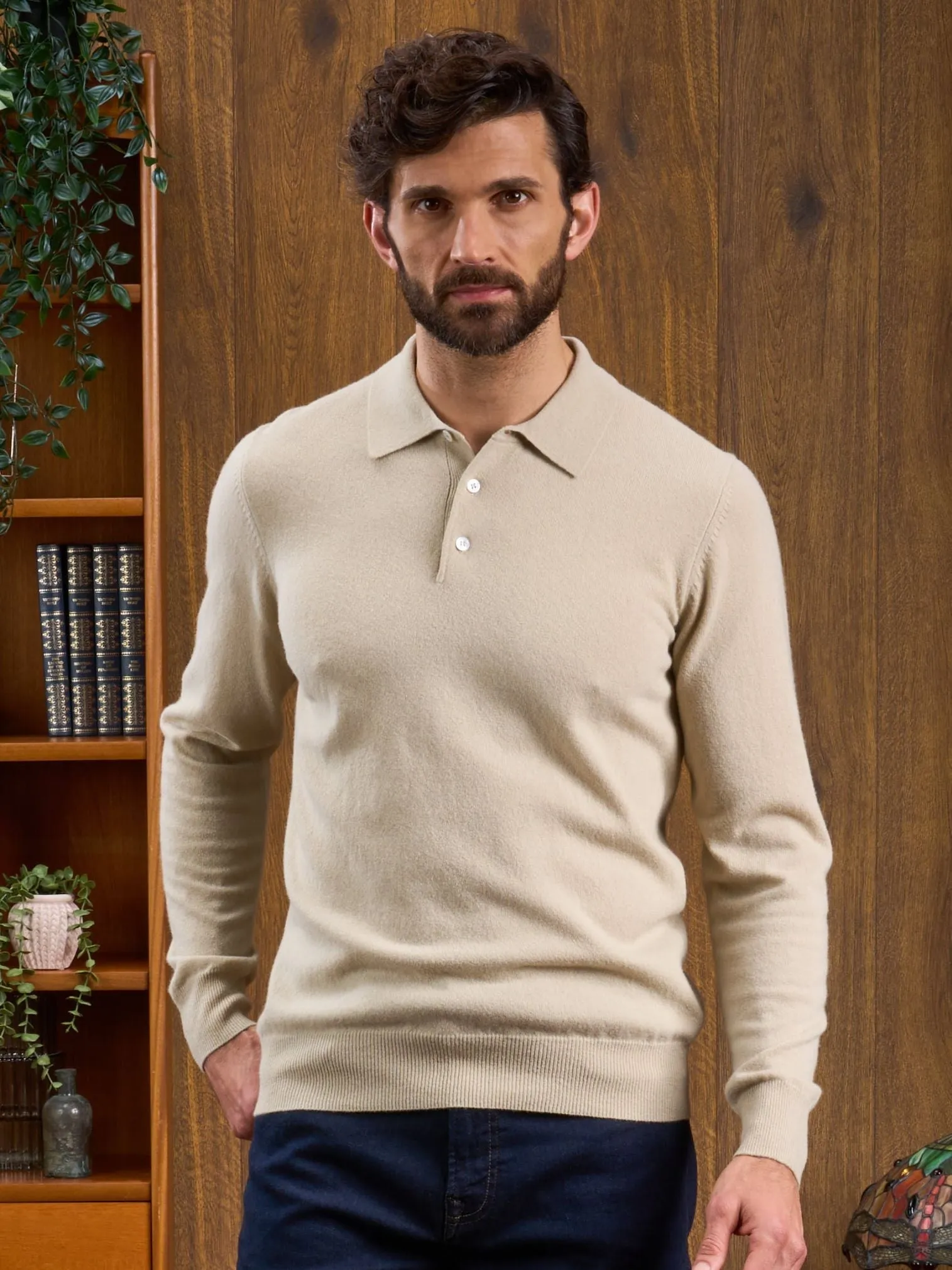 Men's Geelong Lambswool Long Sleeve Polo Shirt in Natural - Regular Fit