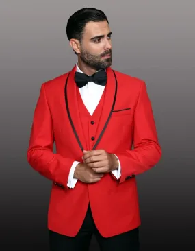 Mens One Button Satin Trim Shawl Tuxedo in Red & Black