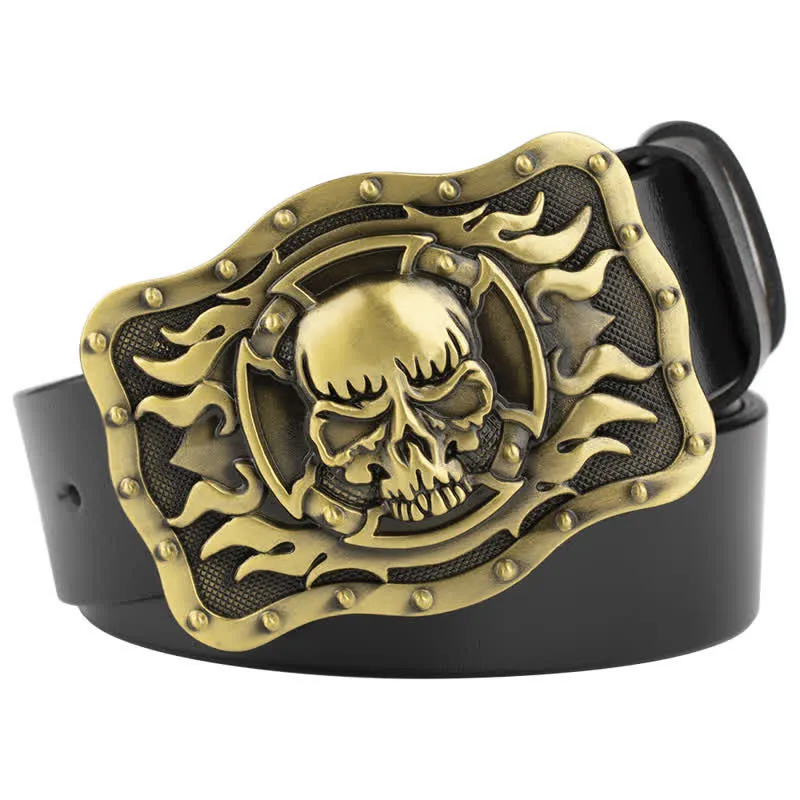 Men's Rectangular Flame Skull Leather Belt