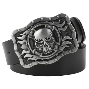 Men's Rectangular Flame Skull Leather Belt