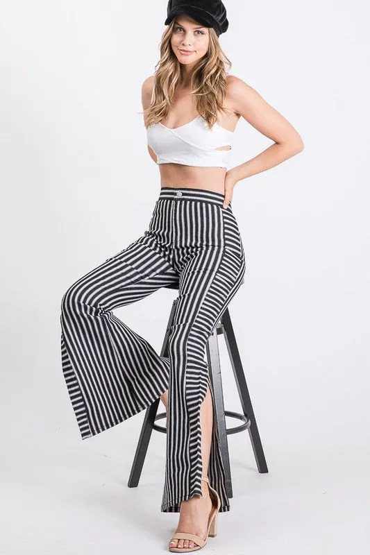 MID RISE STRIPED SIDE SLIT FLARED PANTS