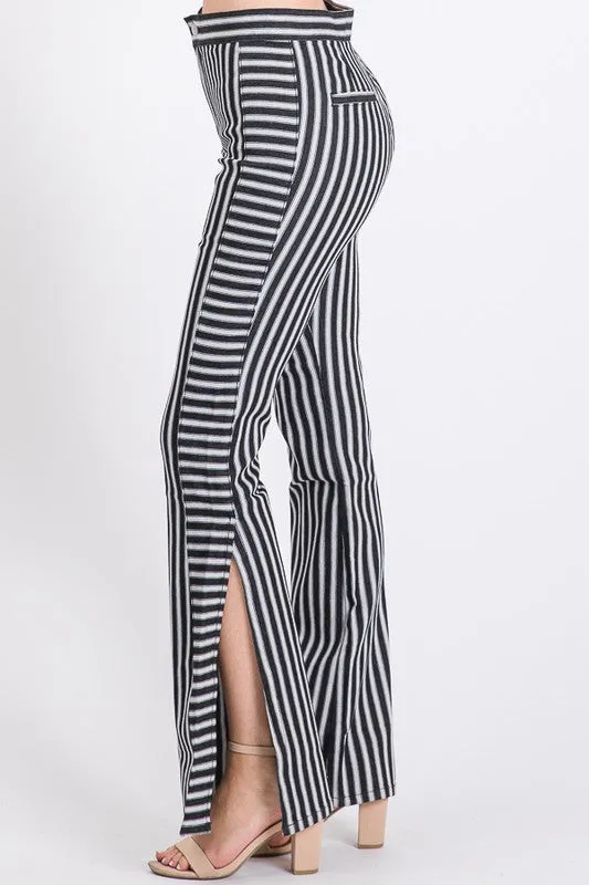 MID RISE STRIPED SIDE SLIT FLARED PANTS