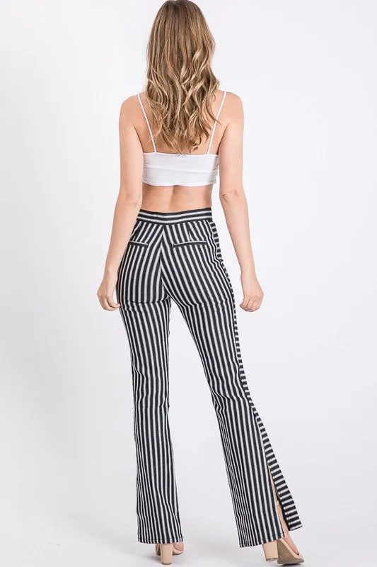 MID RISE STRIPED SIDE SLIT FLARED PANTS