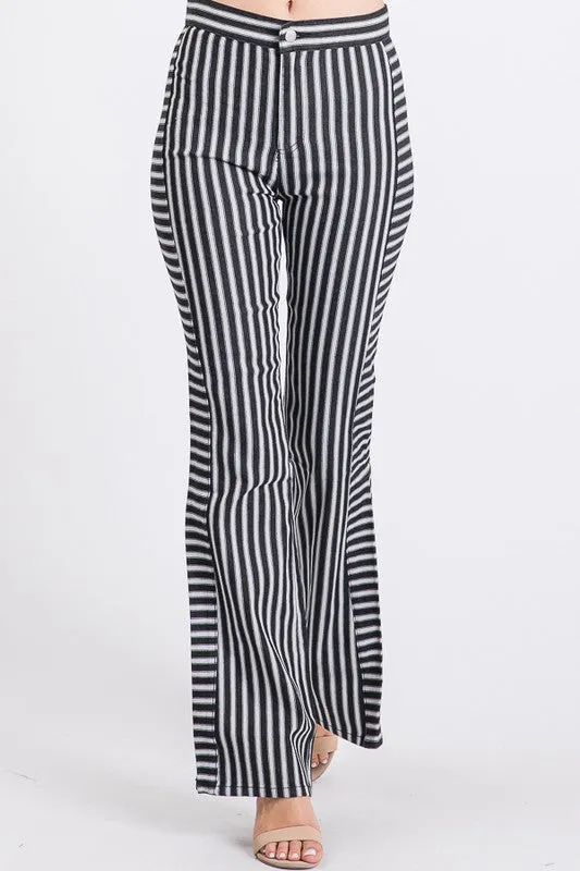 MID RISE STRIPED SIDE SLIT FLARED PANTS