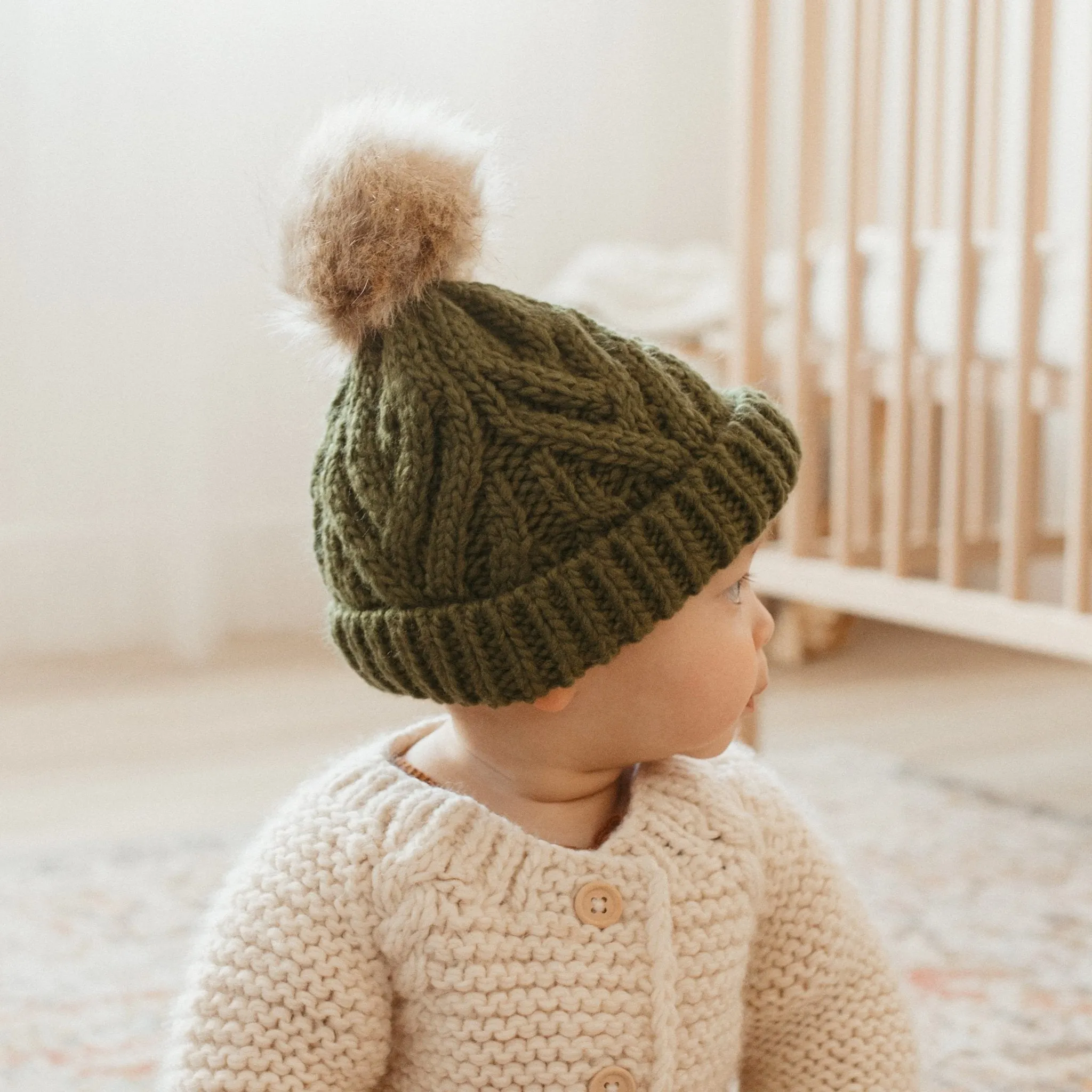 Mossy Pop Pom Pom Beanie Hat