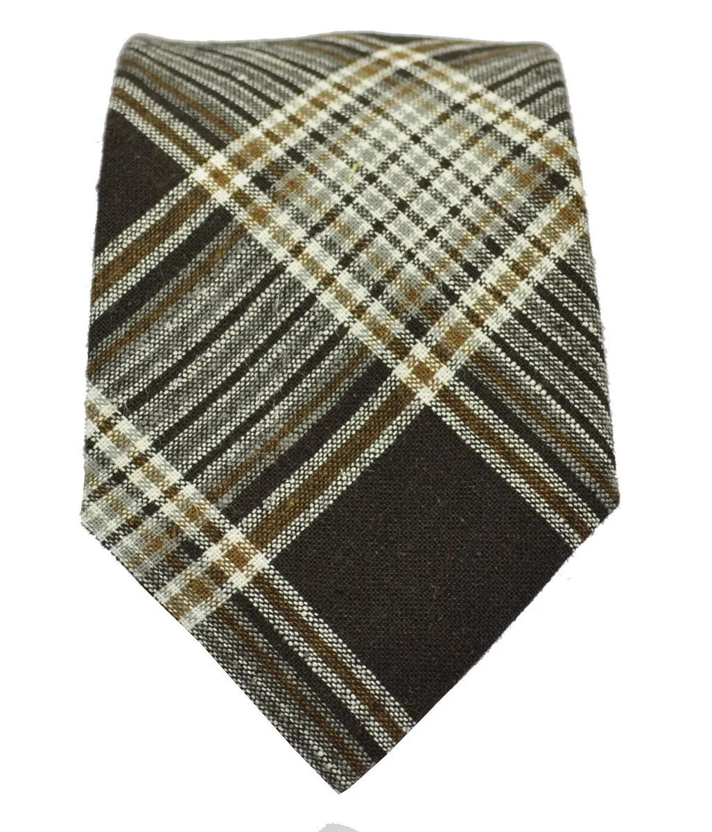 Mustang Brown Plaid Linen Tie and Pocket Square by Paul Malone