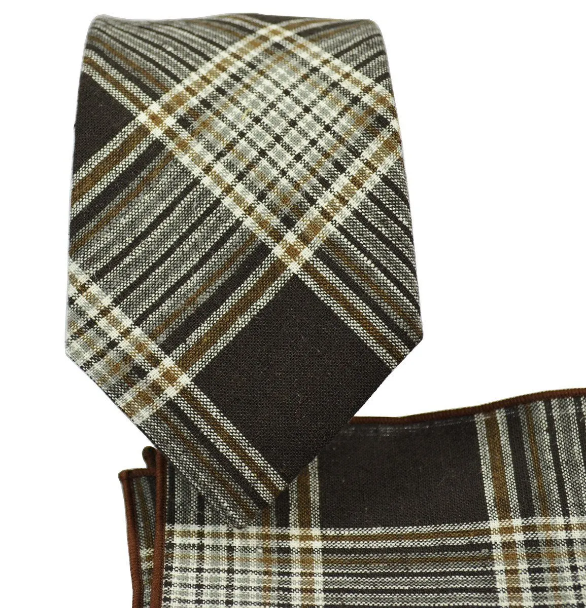 Mustang Brown Plaid Linen Tie and Pocket Square by Paul Malone