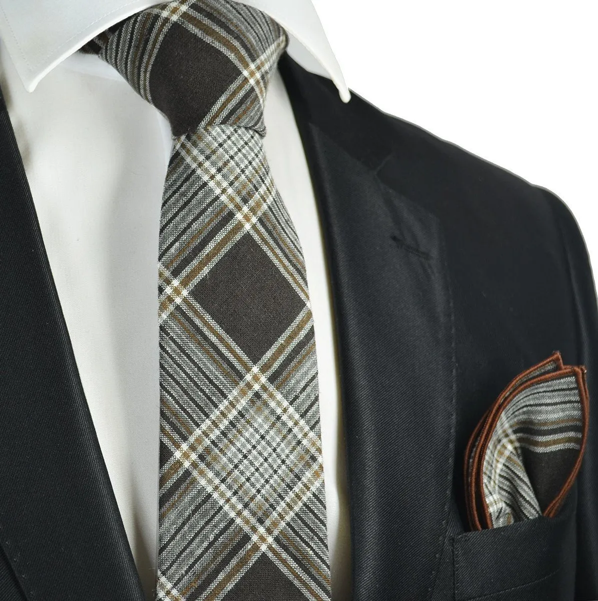 Mustang Brown Plaid Linen Tie and Pocket Square by Paul Malone