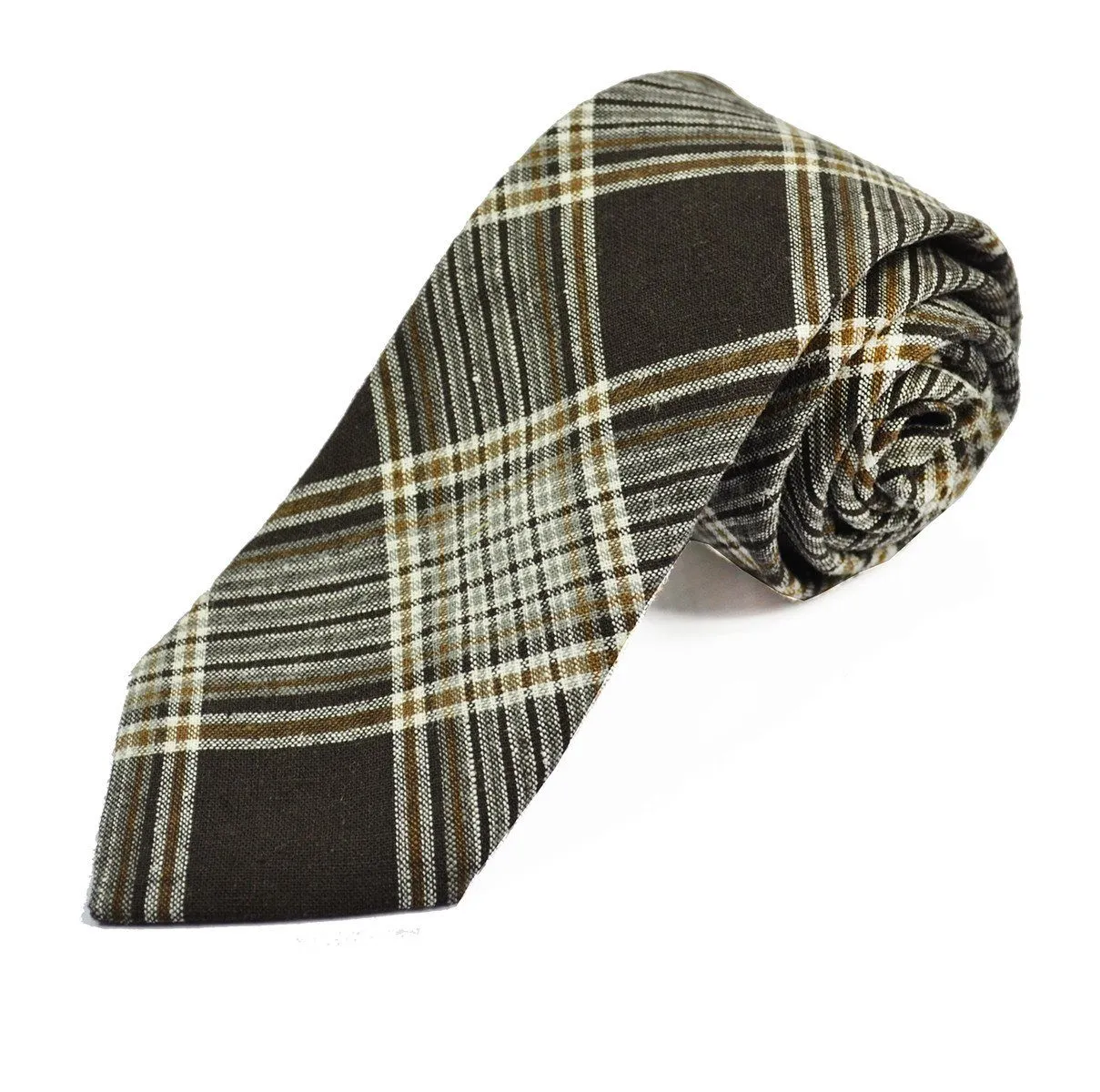 Mustang Brown Plaid Linen Tie and Pocket Square by Paul Malone