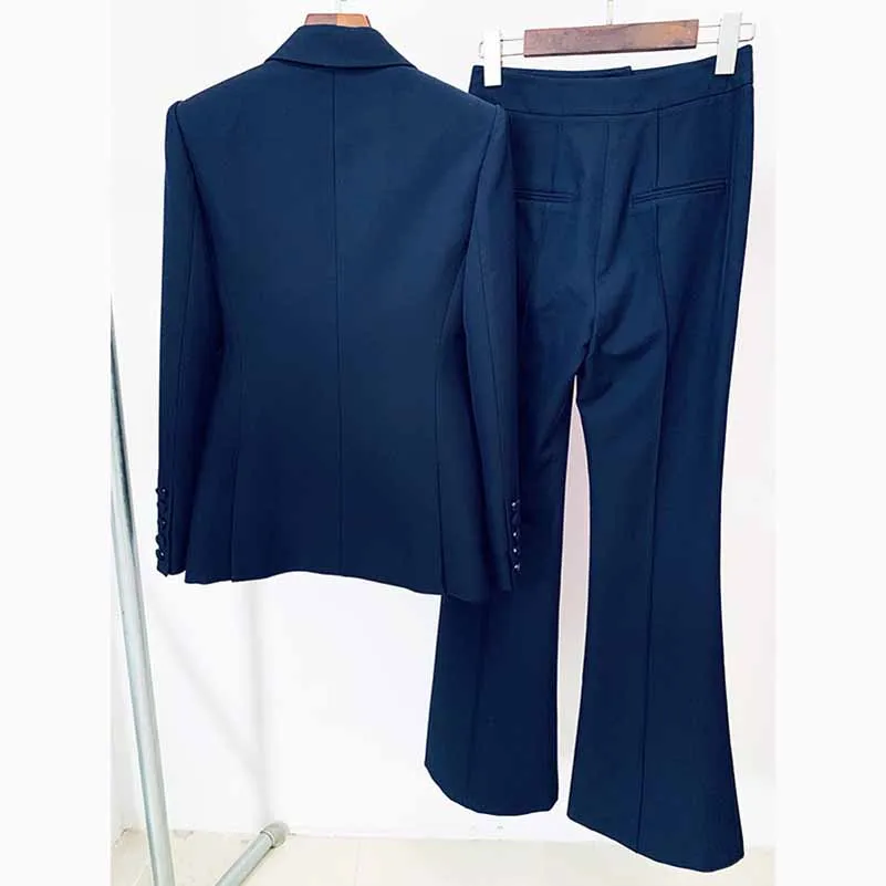 Navy Blue Two Piece Set Ladies Business Single Buttons Pants Formal Suit