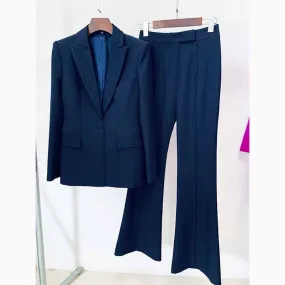 Navy Blue Two Piece Set Ladies Business Single Buttons Pants Formal Suit