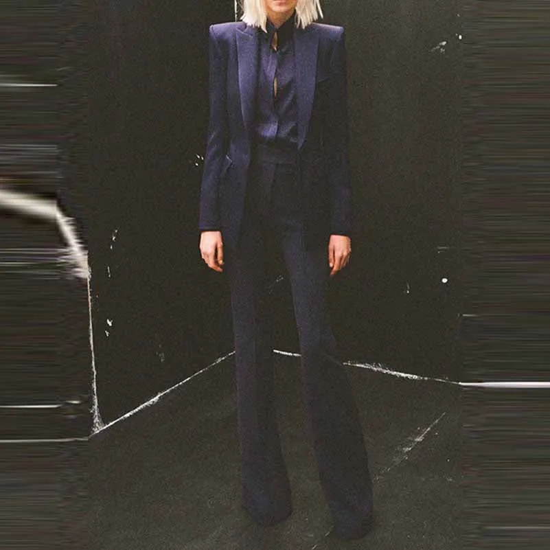 Navy Blue Two Piece Set Ladies Business Single Buttons Pants Formal Suit