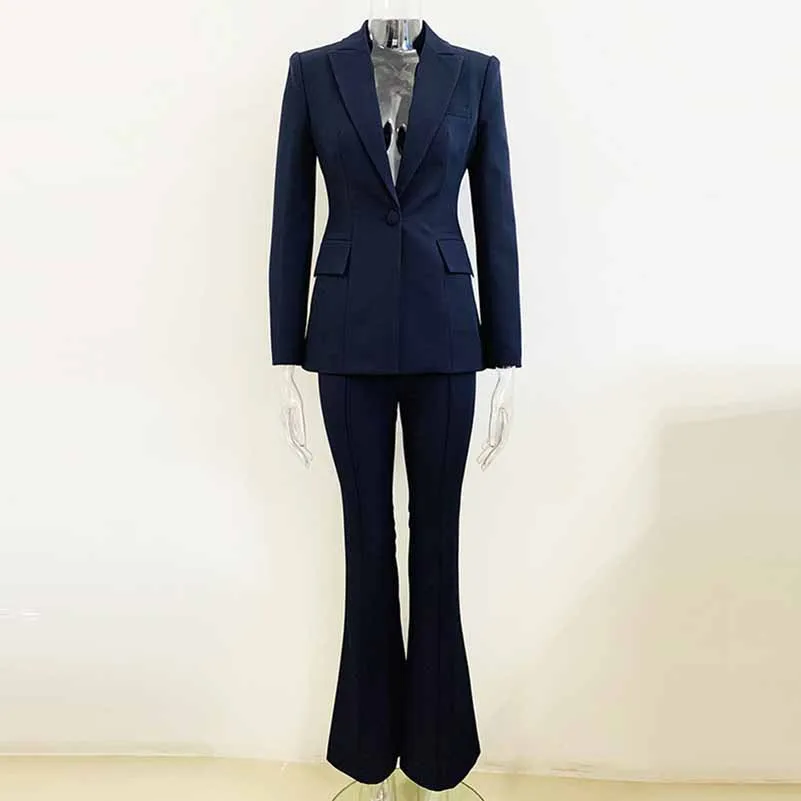 Navy Blue Two Piece Set Ladies Business Single Buttons Pants Formal Suit