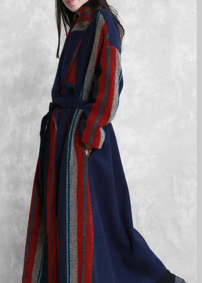 New plus size maxi coat blue red striped Notched tie waist Wool jackets