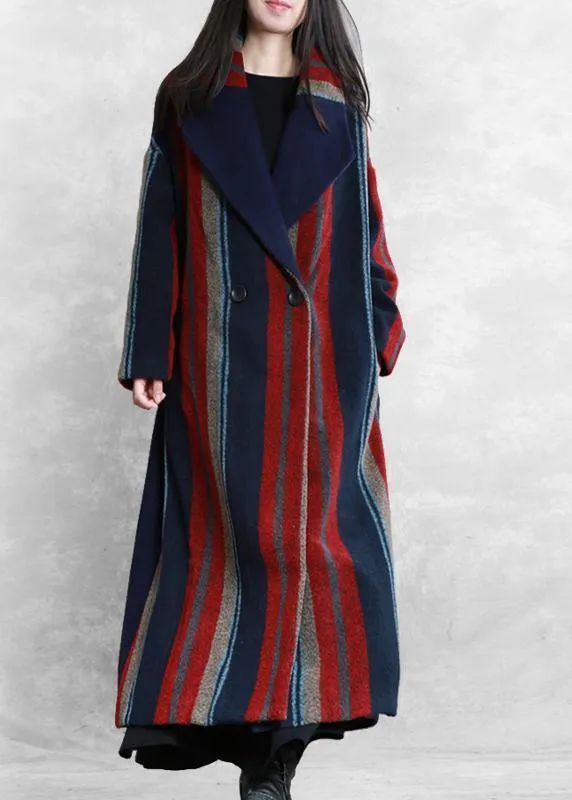 New plus size maxi coat blue red striped Notched tie waist Wool jackets