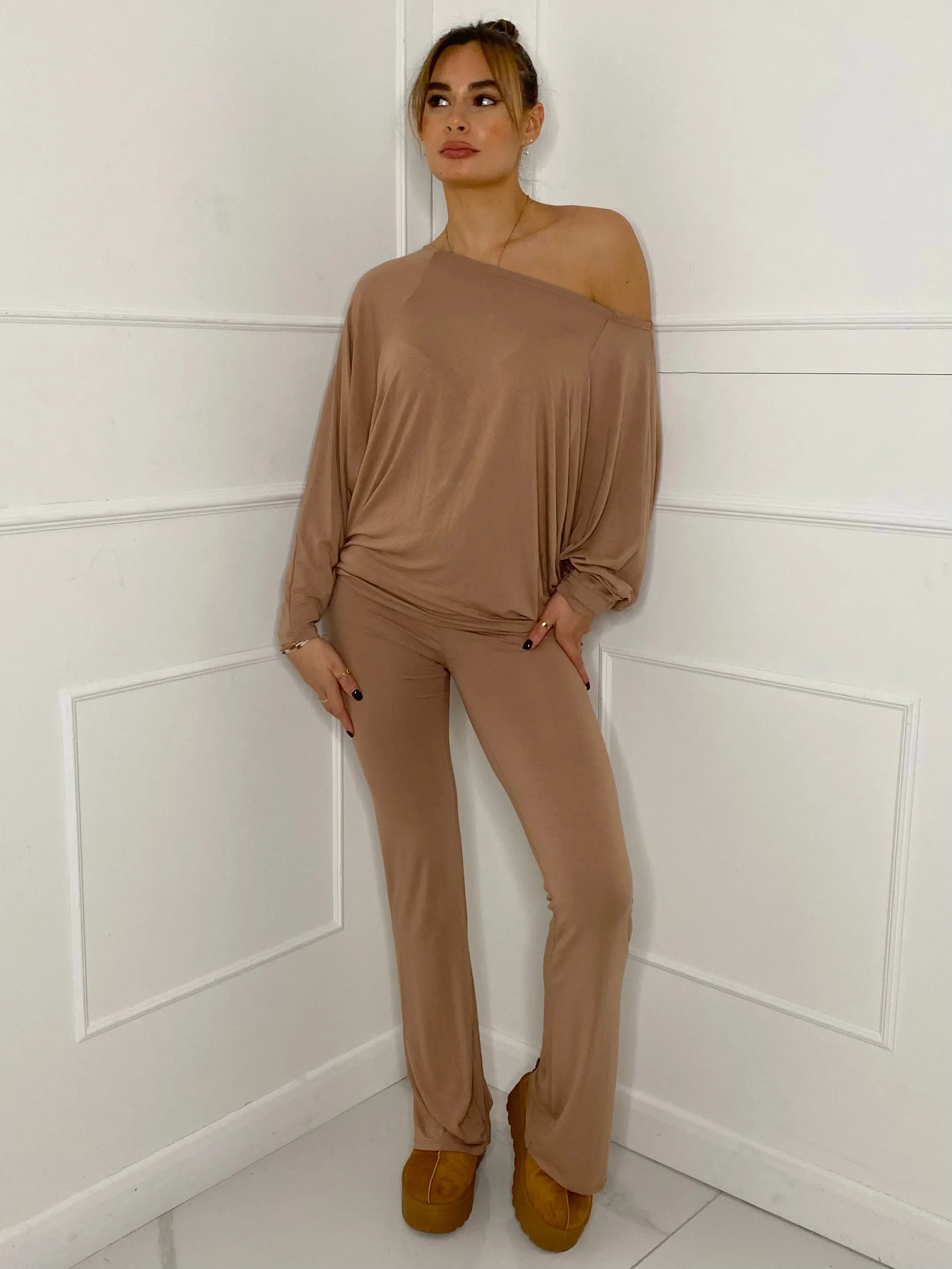 Off Shoulder Flared Slinky Loungeset - Beige