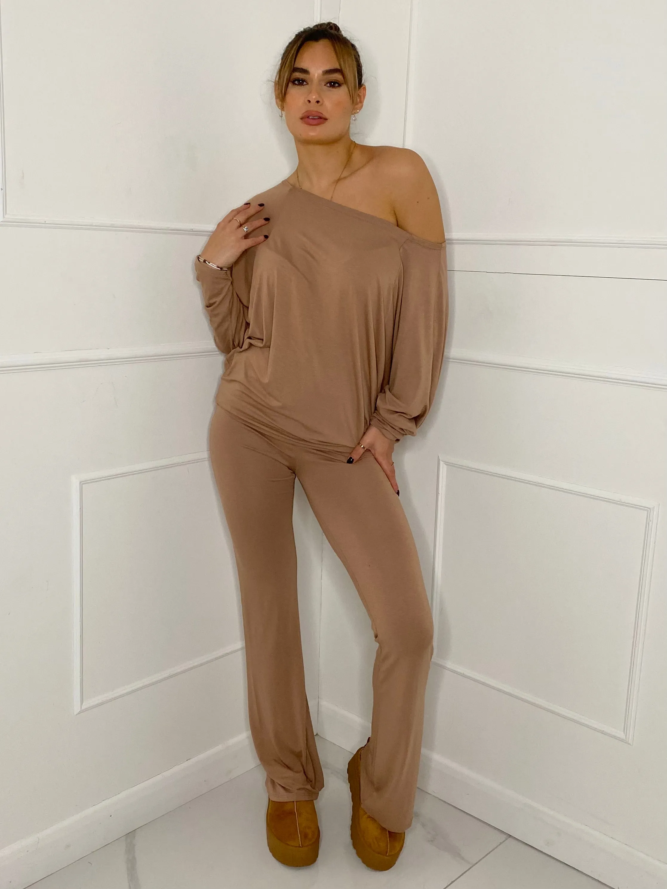 Off Shoulder Flared Slinky Loungeset - Beige