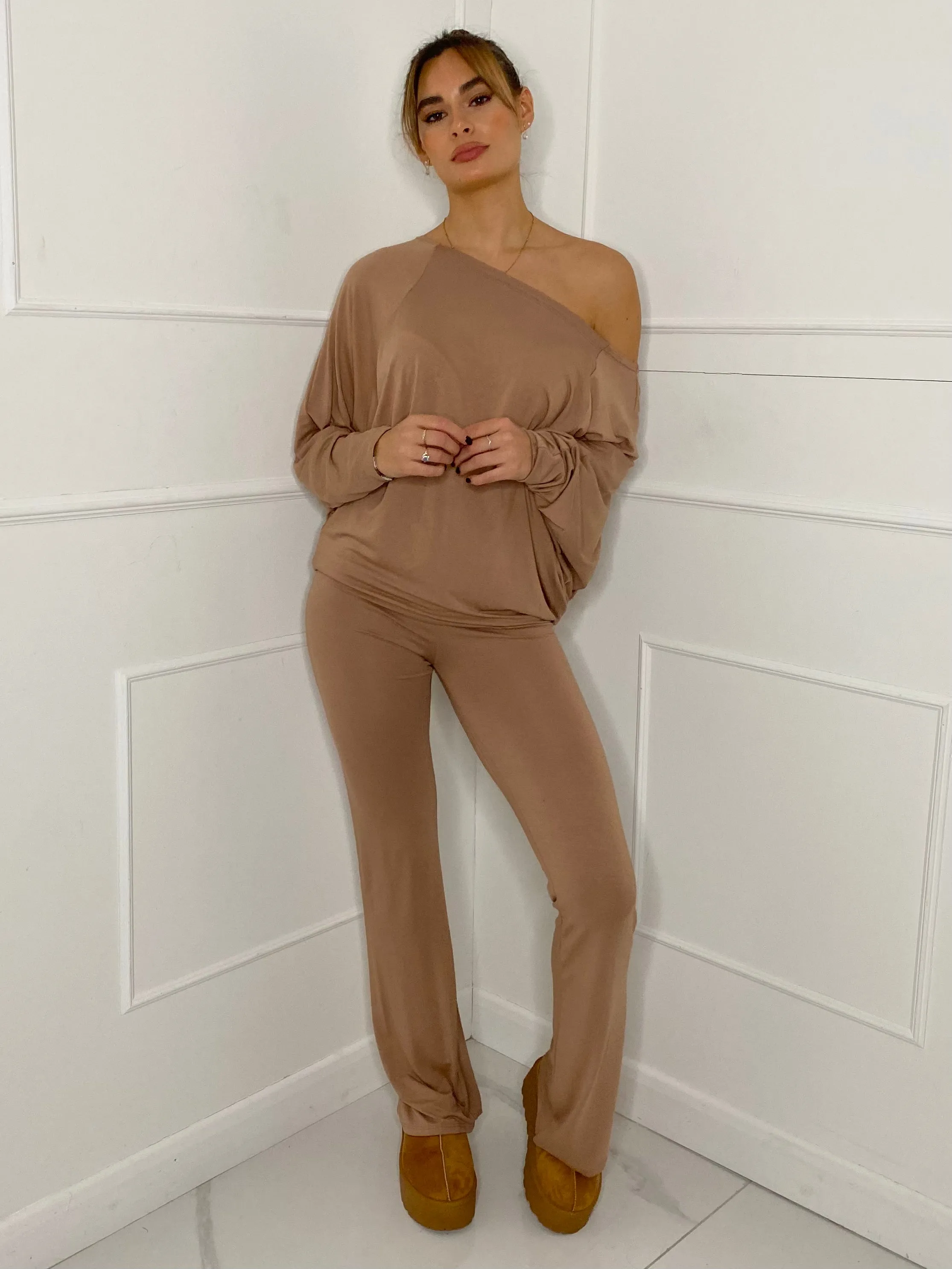 Off Shoulder Flared Slinky Loungeset - Beige