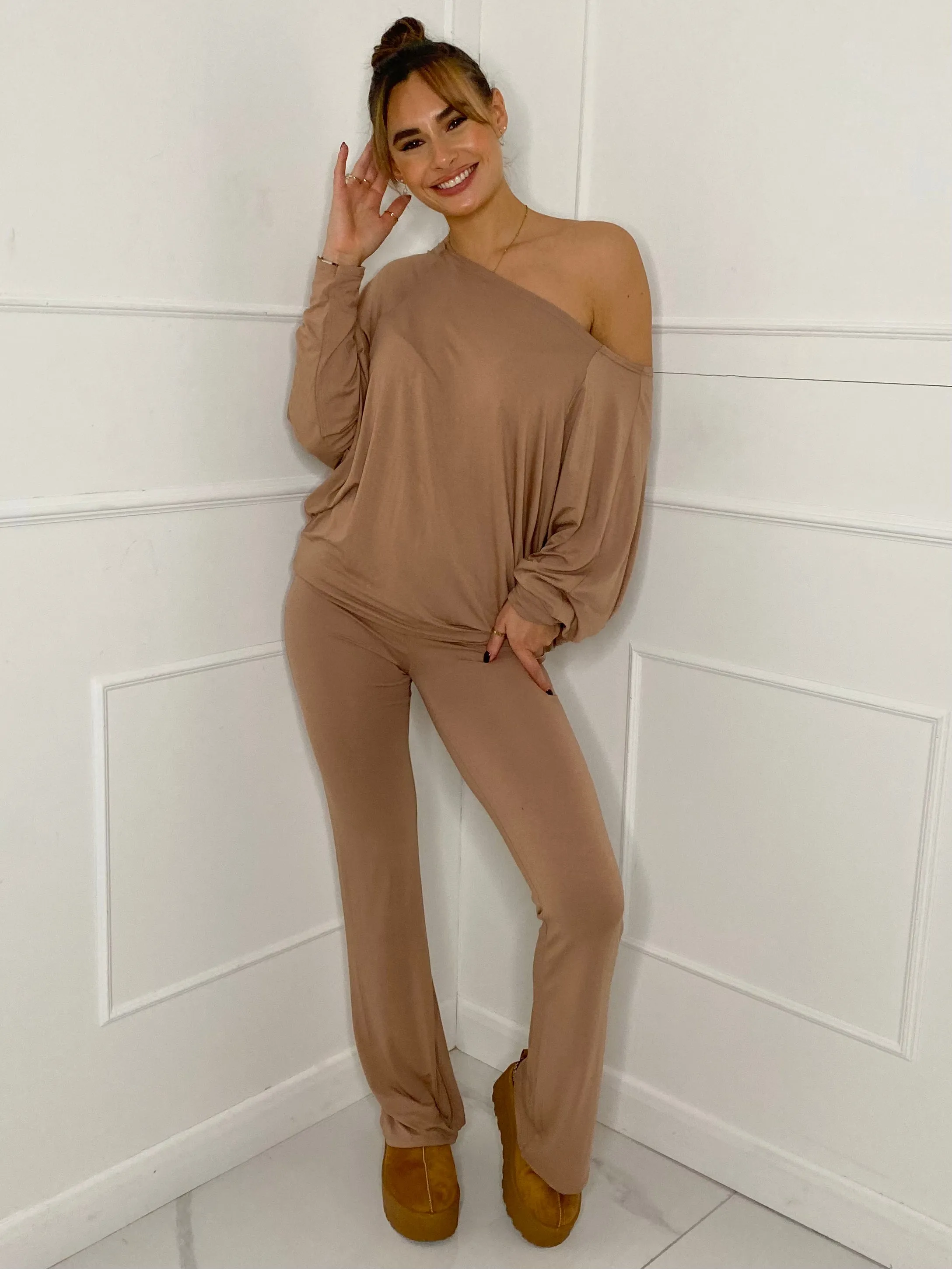 Off Shoulder Flared Slinky Loungeset - Beige