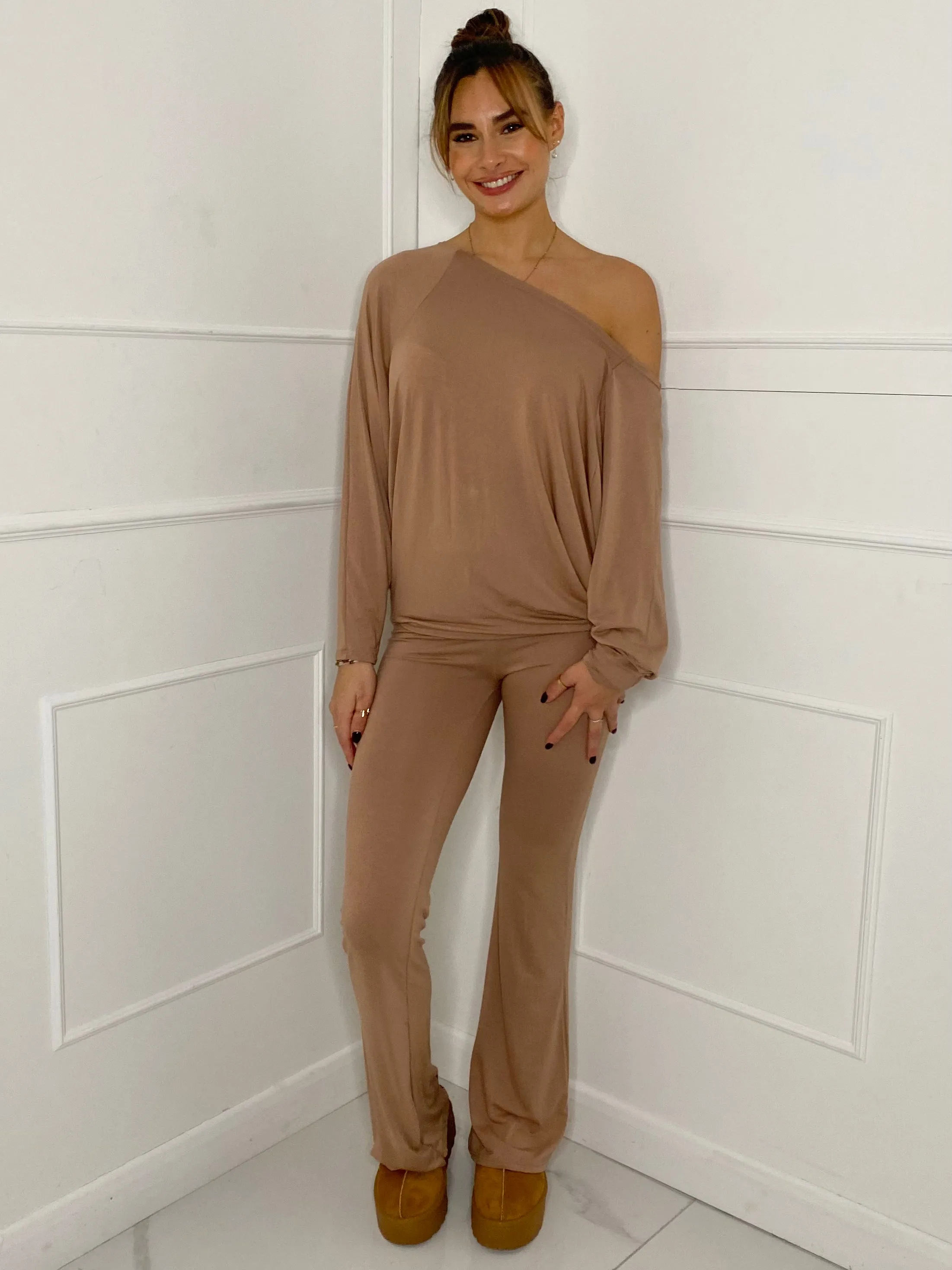 Off Shoulder Flared Slinky Loungeset - Beige