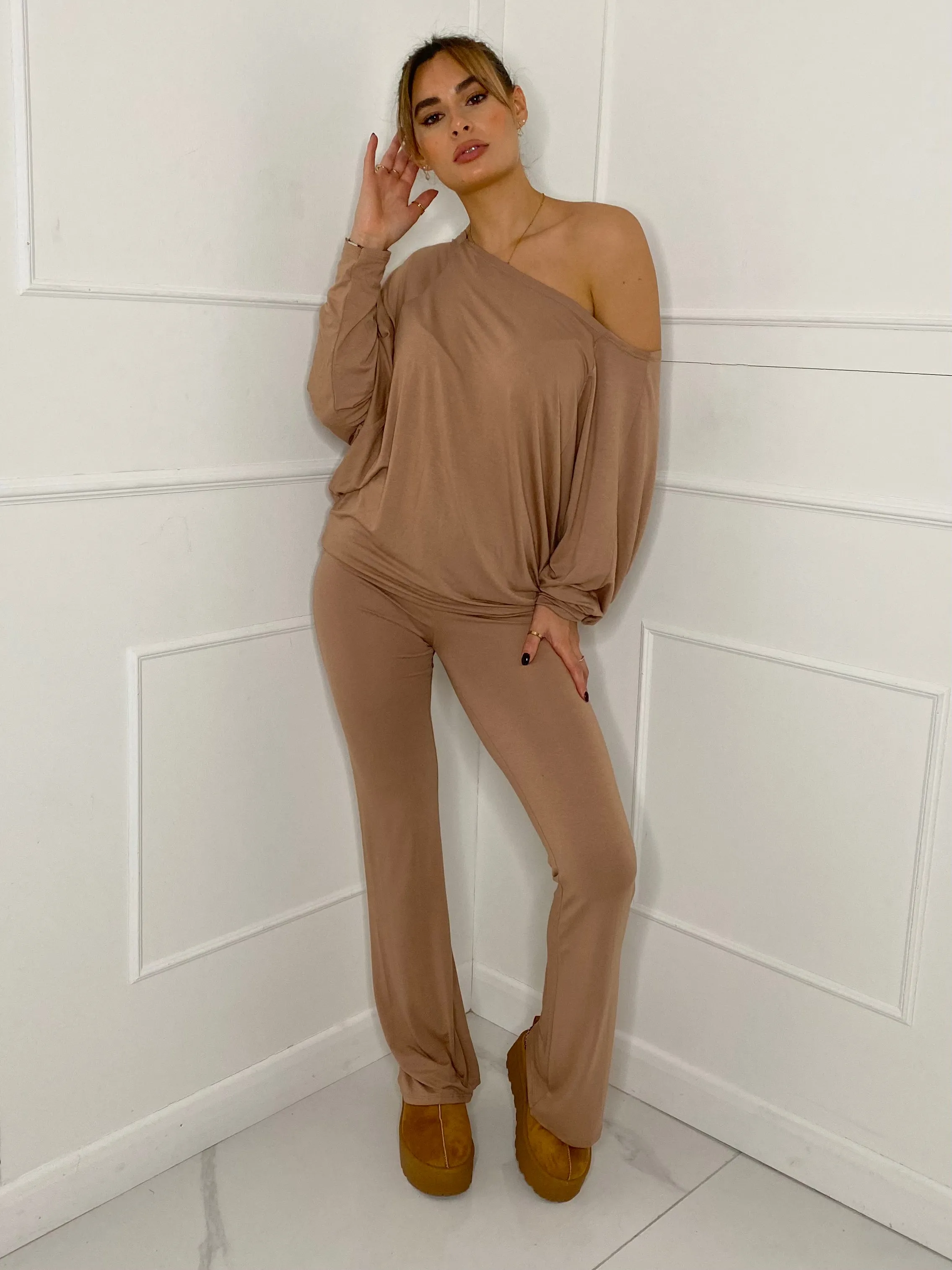 Off Shoulder Flared Slinky Loungeset - Beige