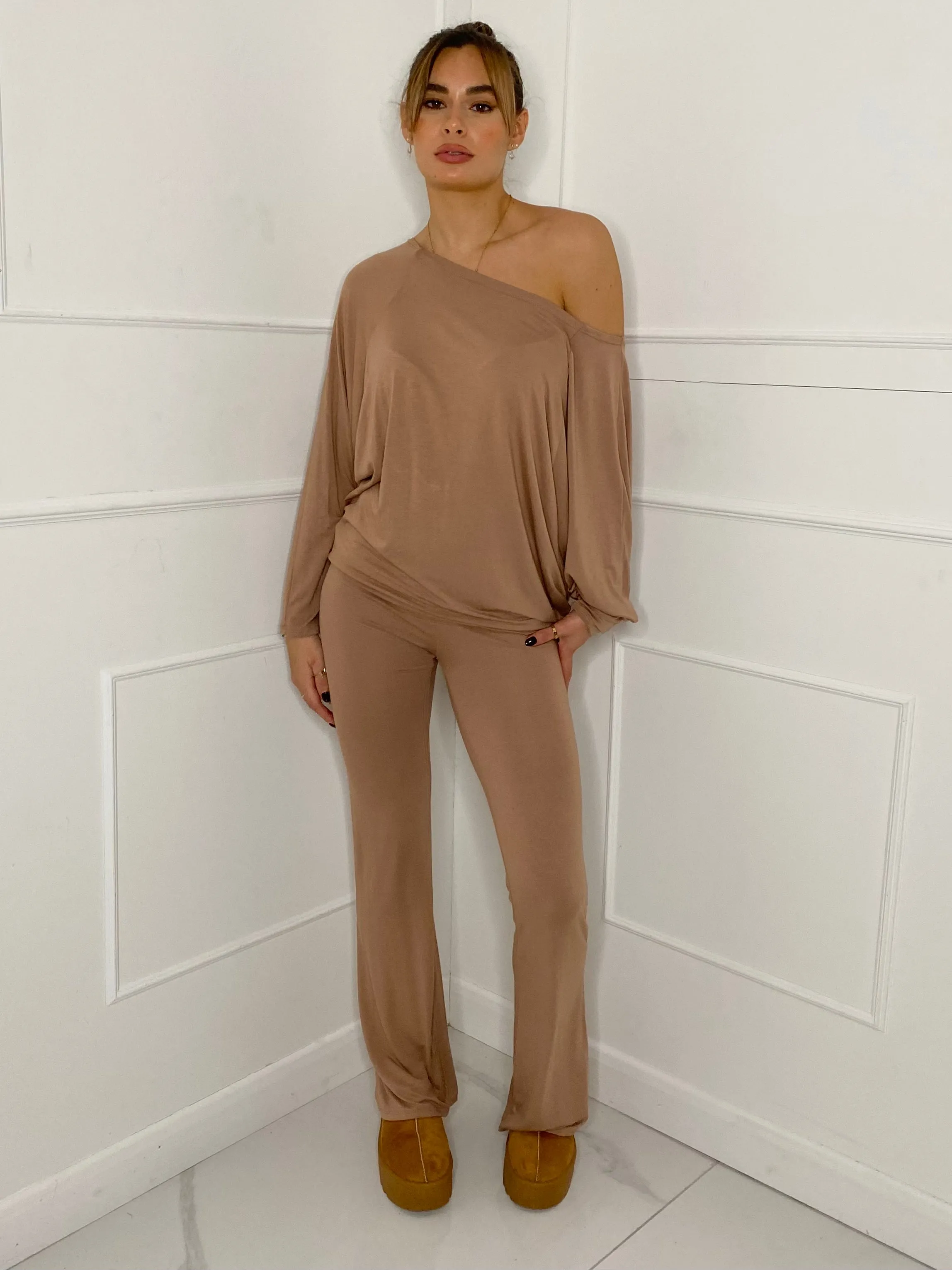 Off Shoulder Flared Slinky Loungeset - Beige