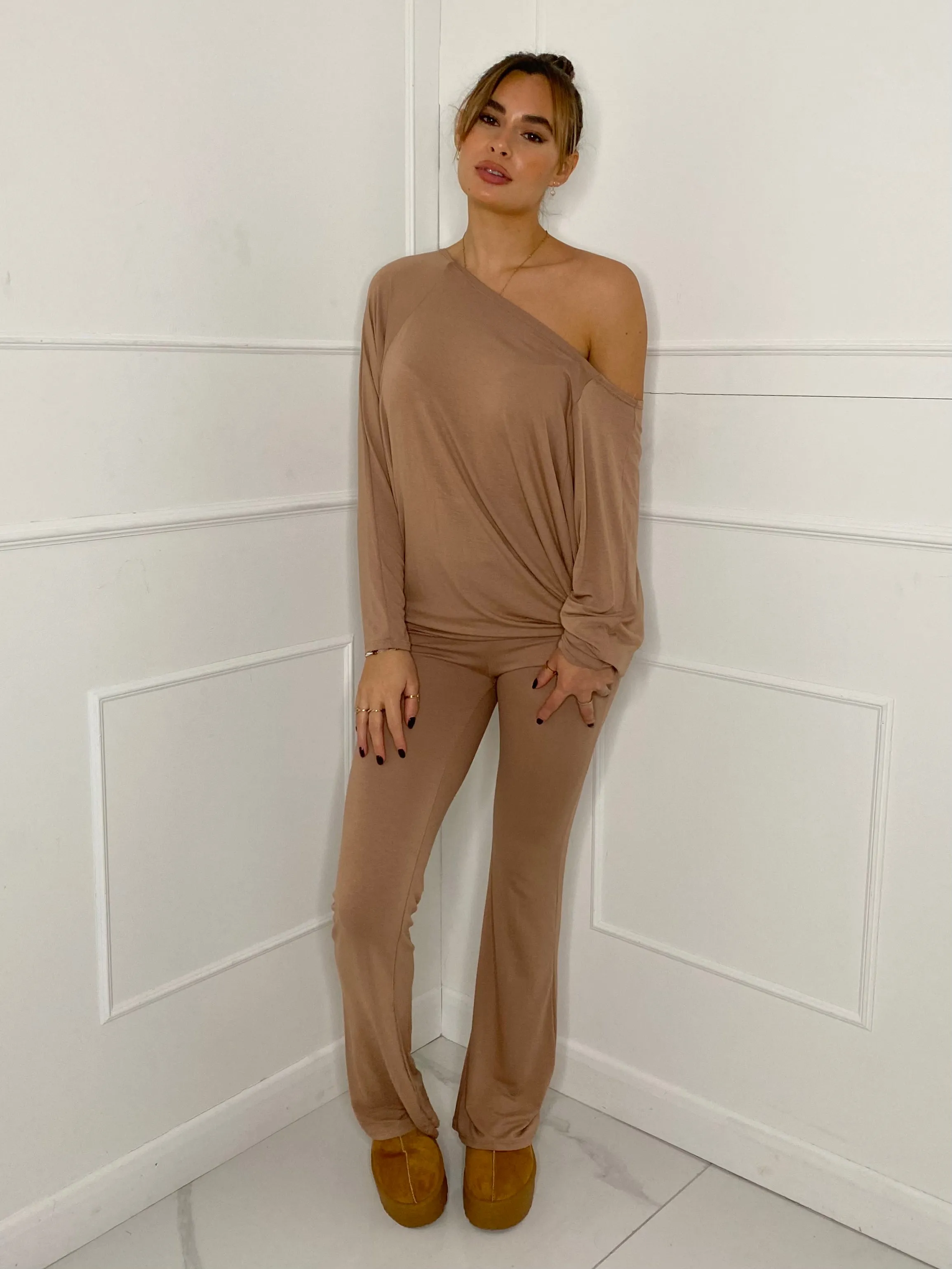 Off Shoulder Flared Slinky Loungeset - Beige