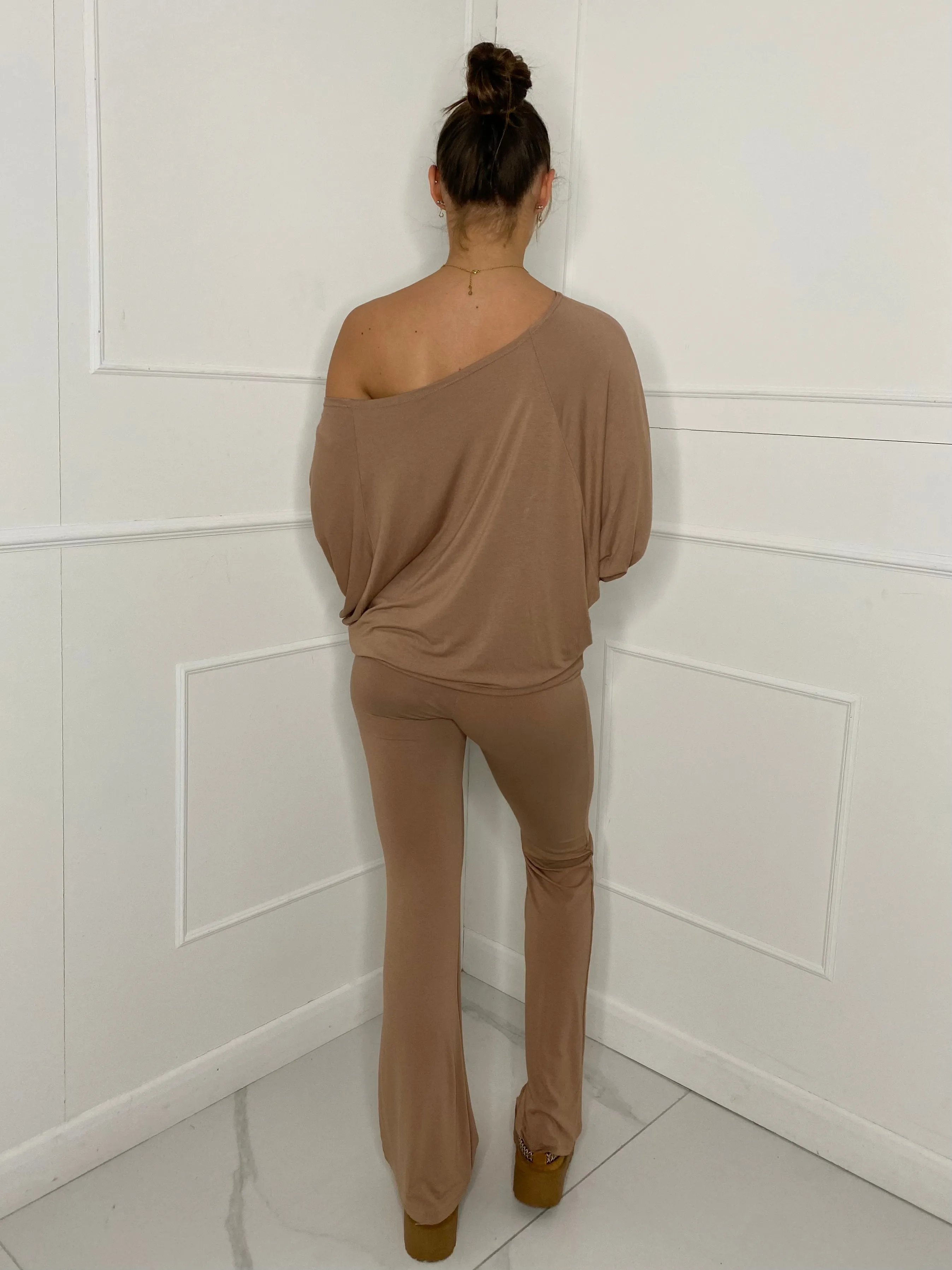 Off Shoulder Flared Slinky Loungeset - Beige