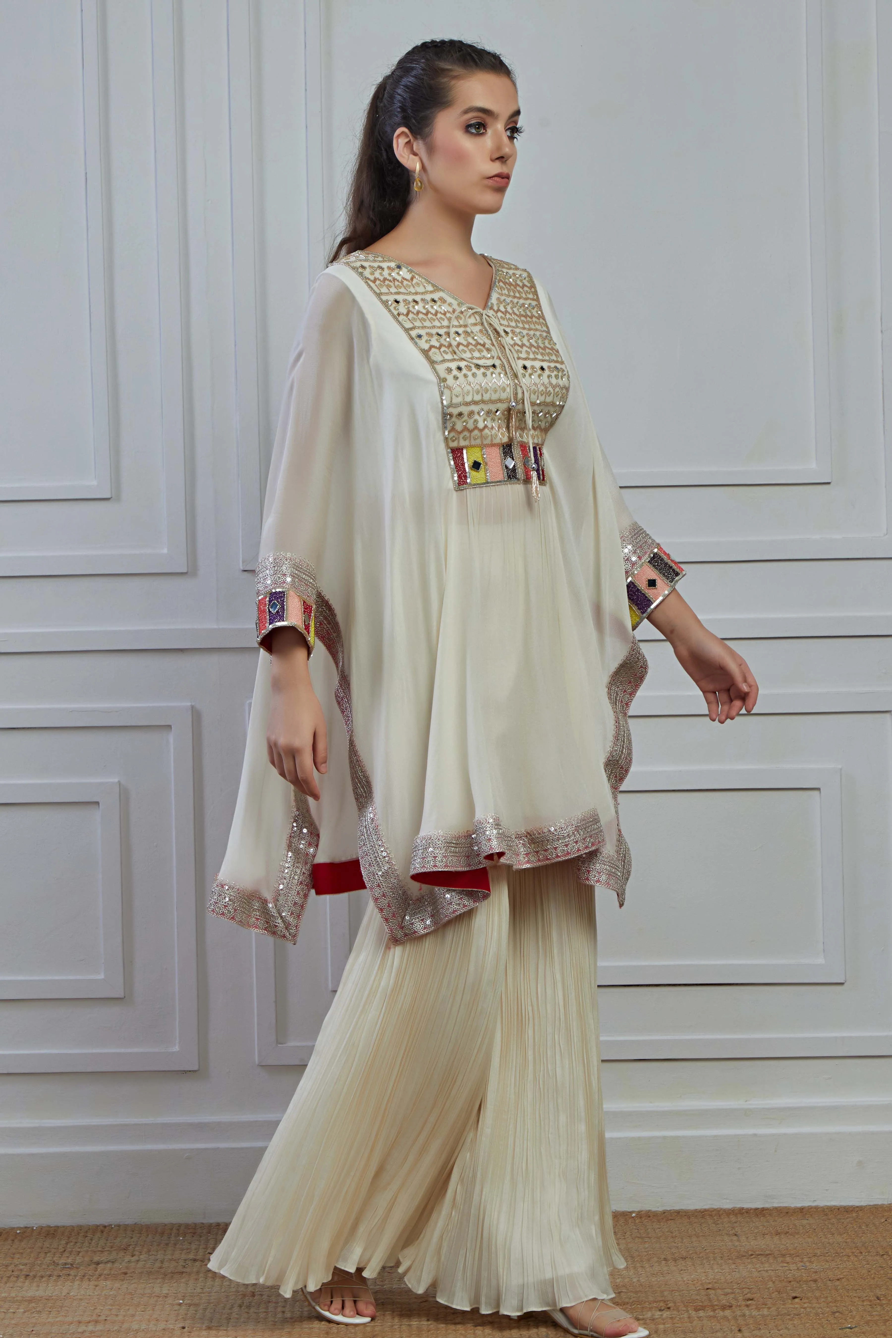 Off White Embroidered Crepe Silk Kaftan Sharara Set