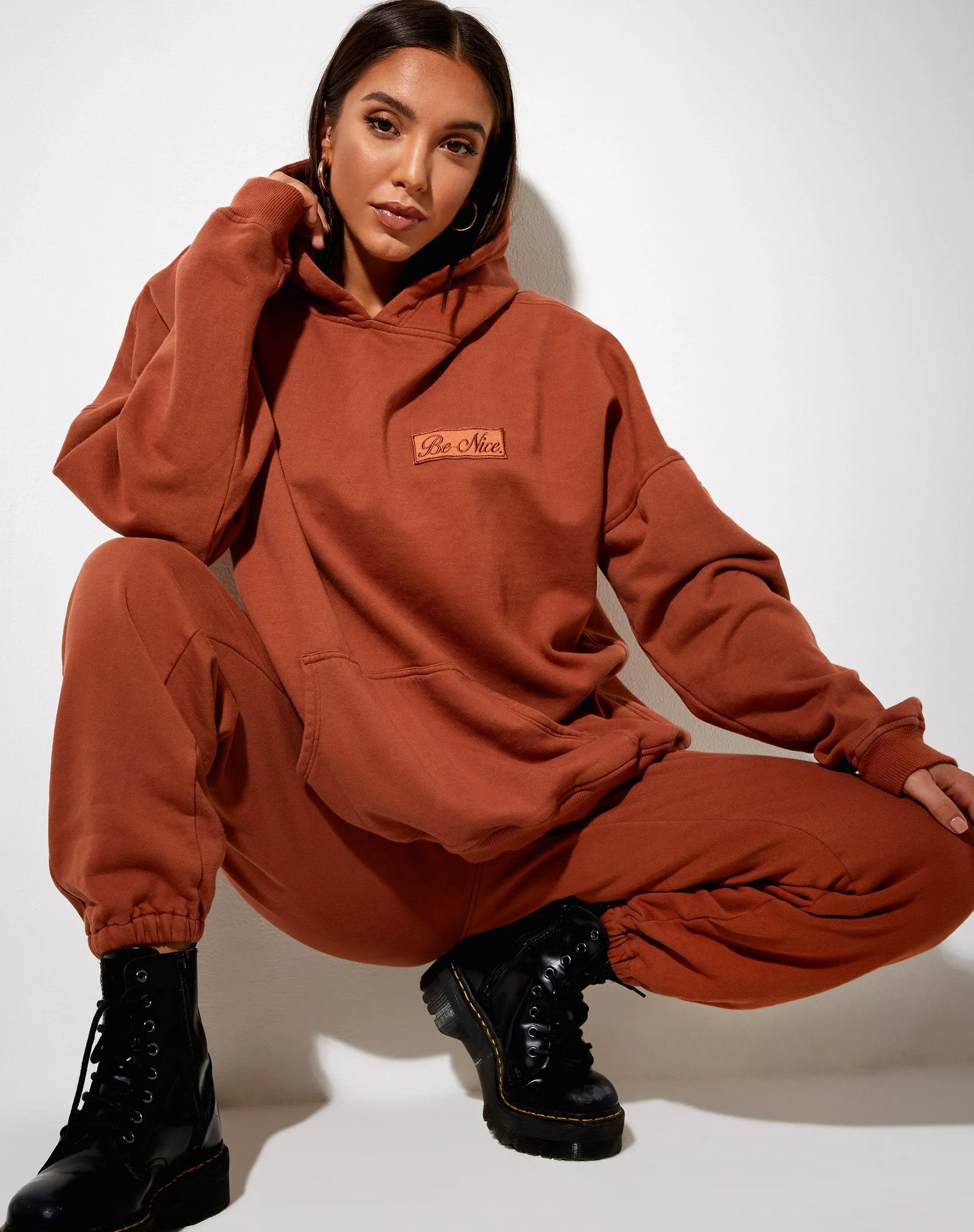 Oversize Hoodie in Burnt Brick 'Be Nice' Label Embro