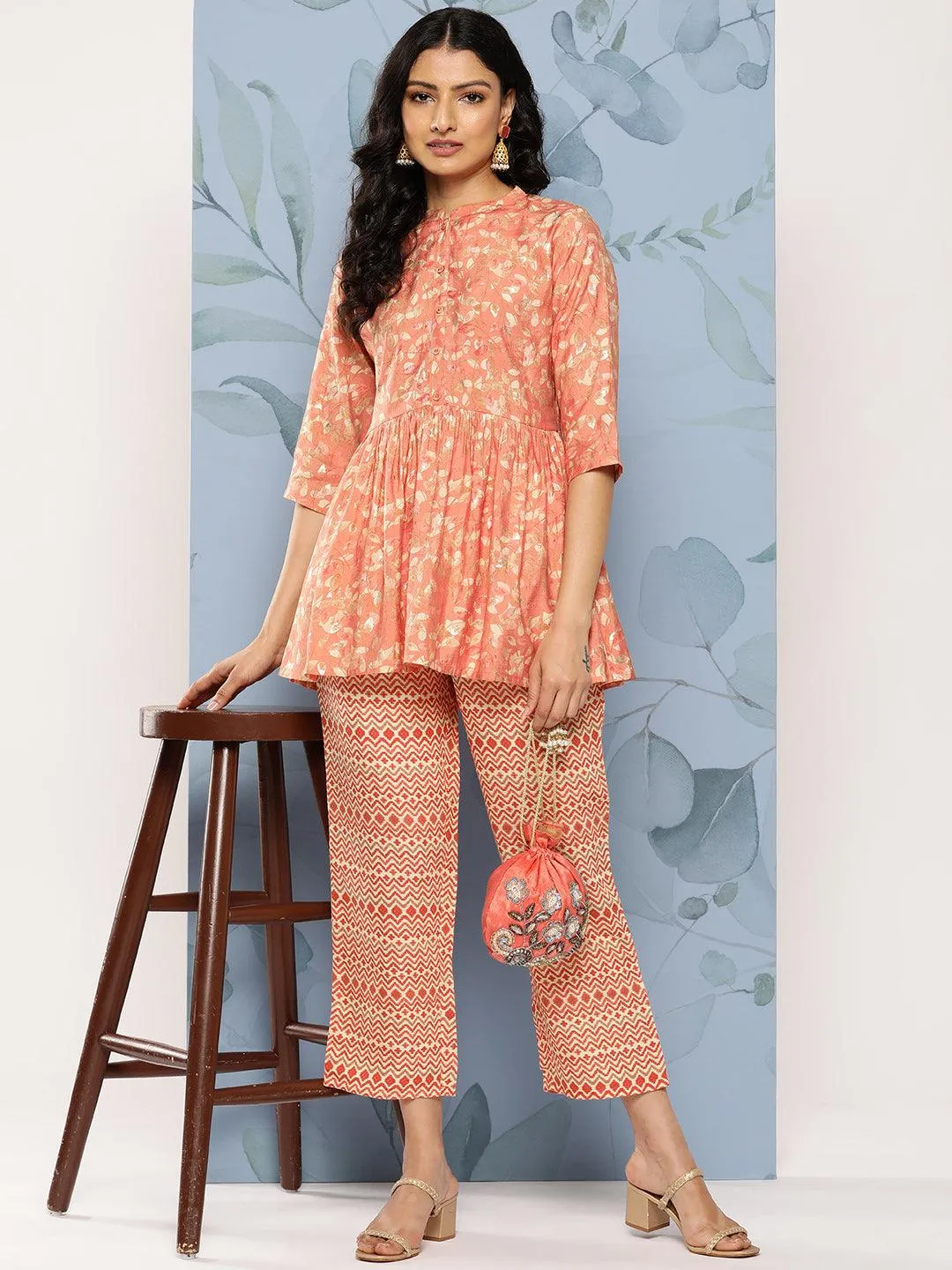 Peach Printed Silk Blend Top With Palazzos