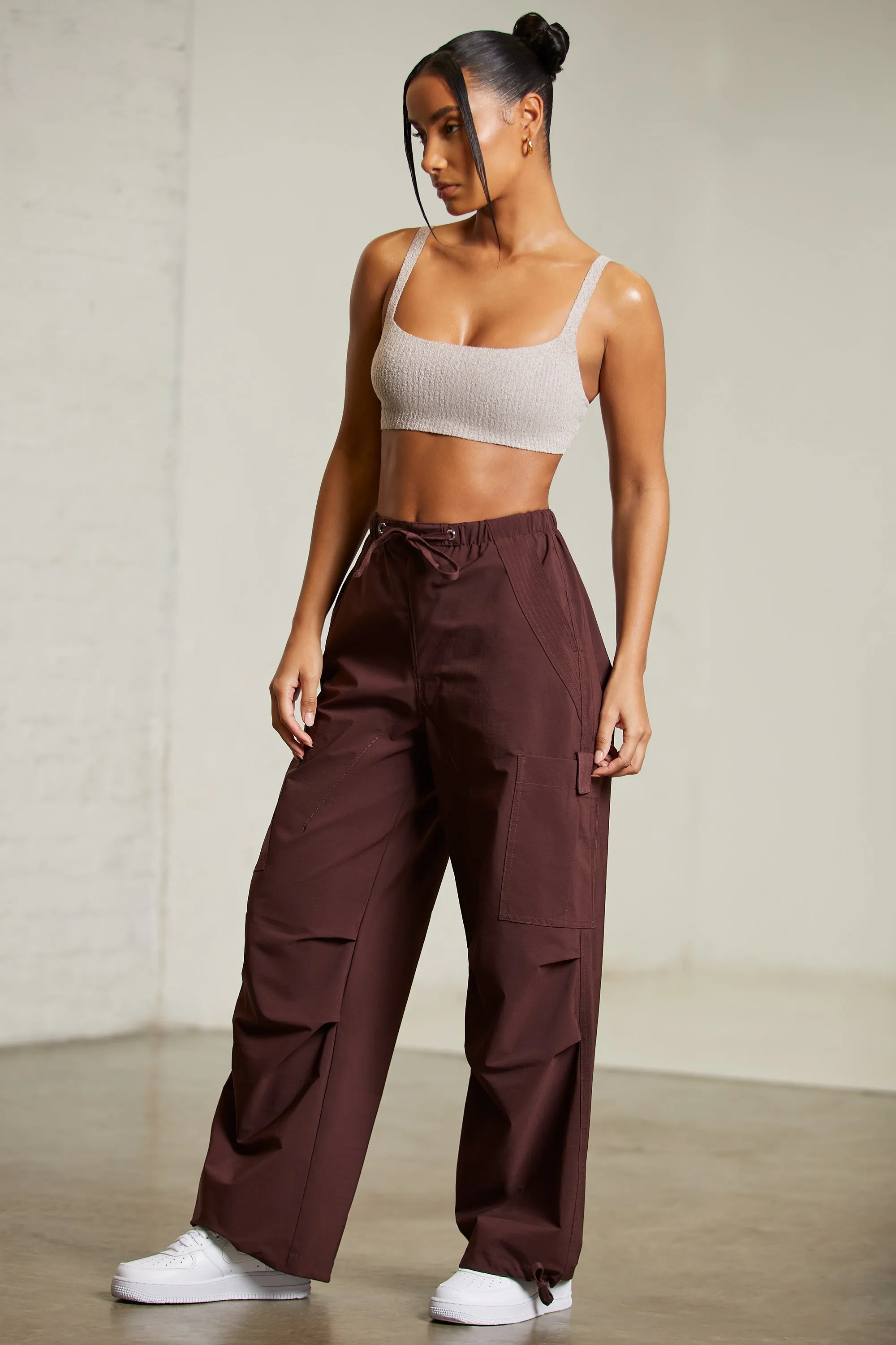 Petite Wide Leg Cargo Trousers in Brown