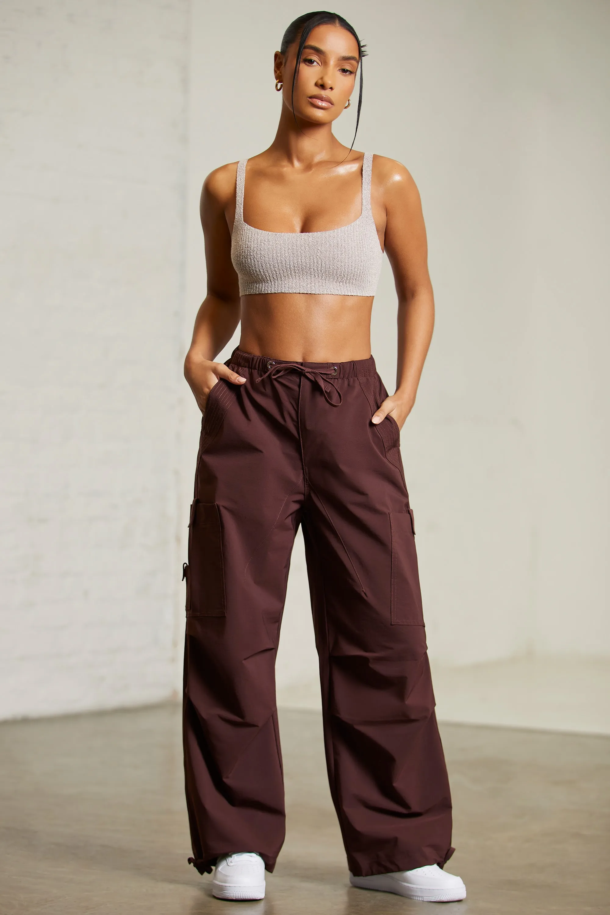 Petite Wide Leg Cargo Trousers in Brown