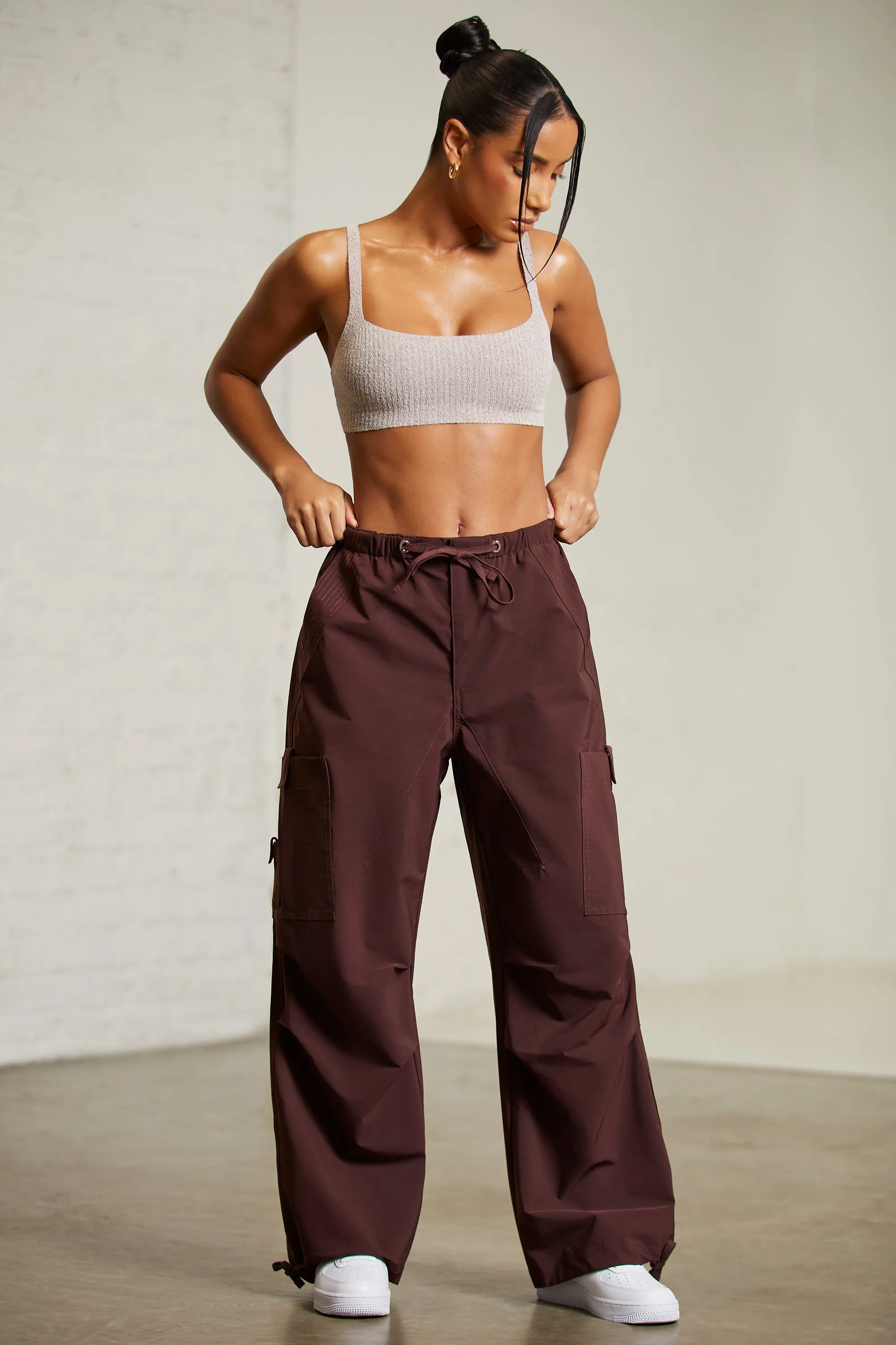 Petite Wide Leg Cargo Trousers in Brown