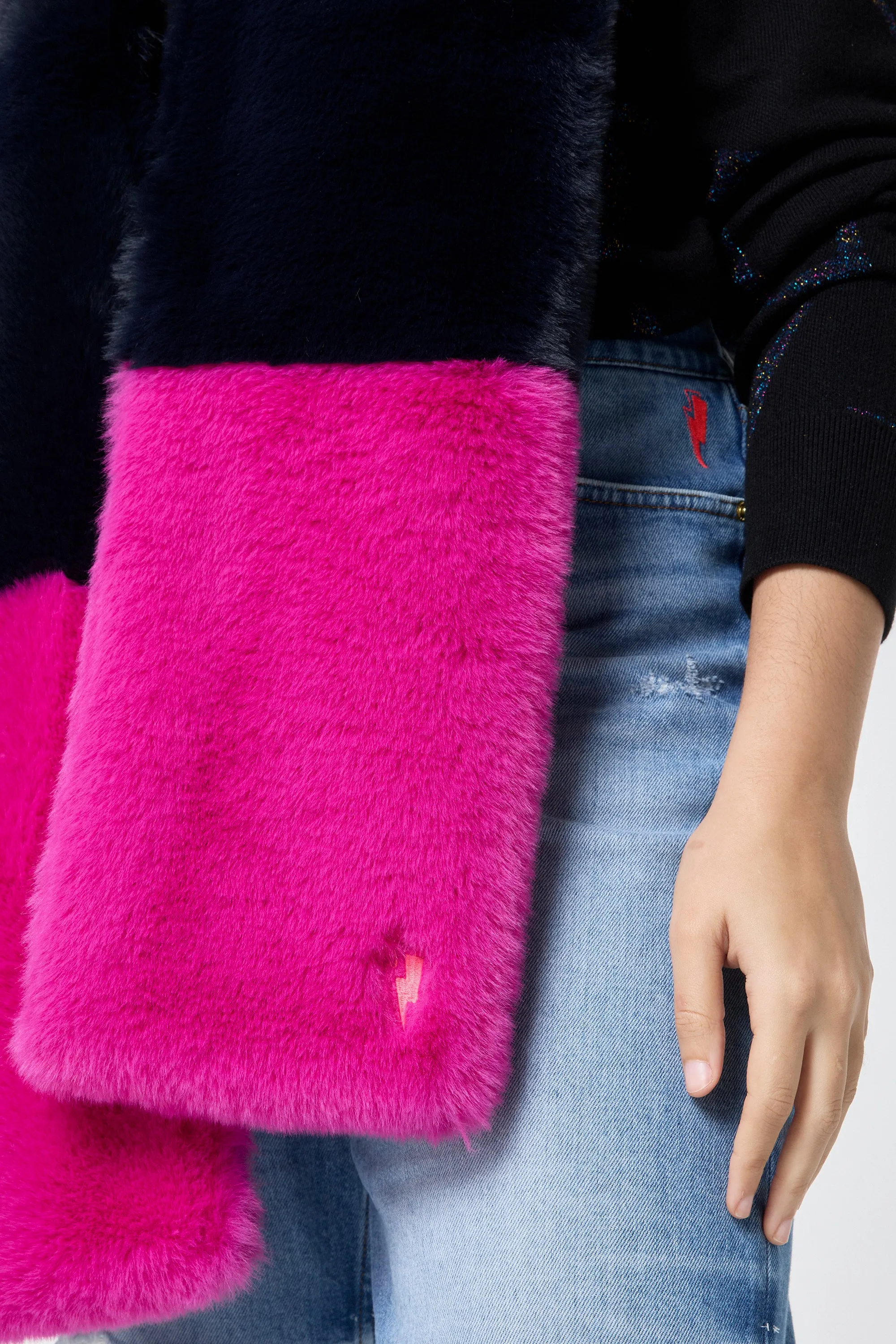 Pink and Navy Colour Block Faux Fur Scarf