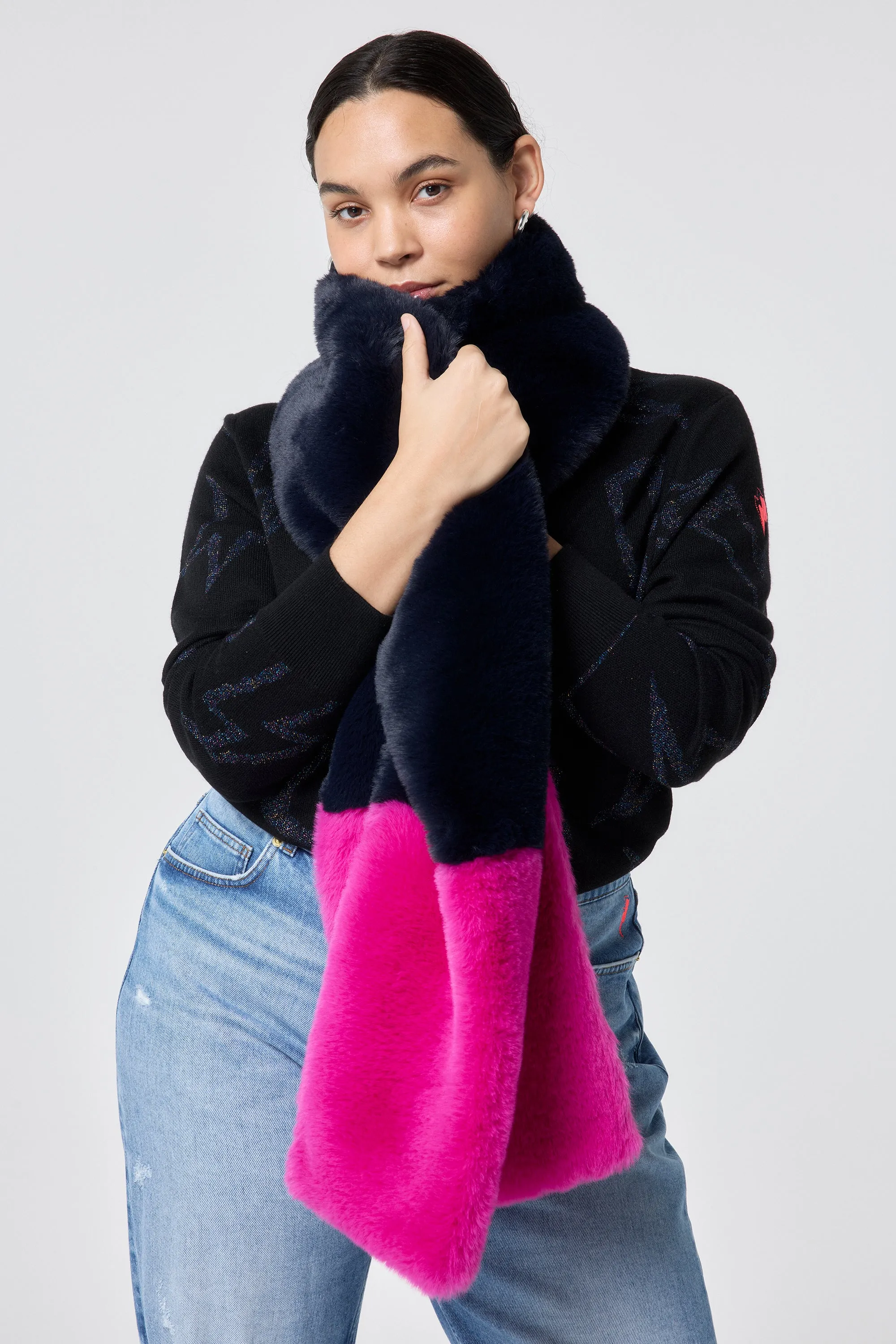 Pink and Navy Colour Block Faux Fur Scarf