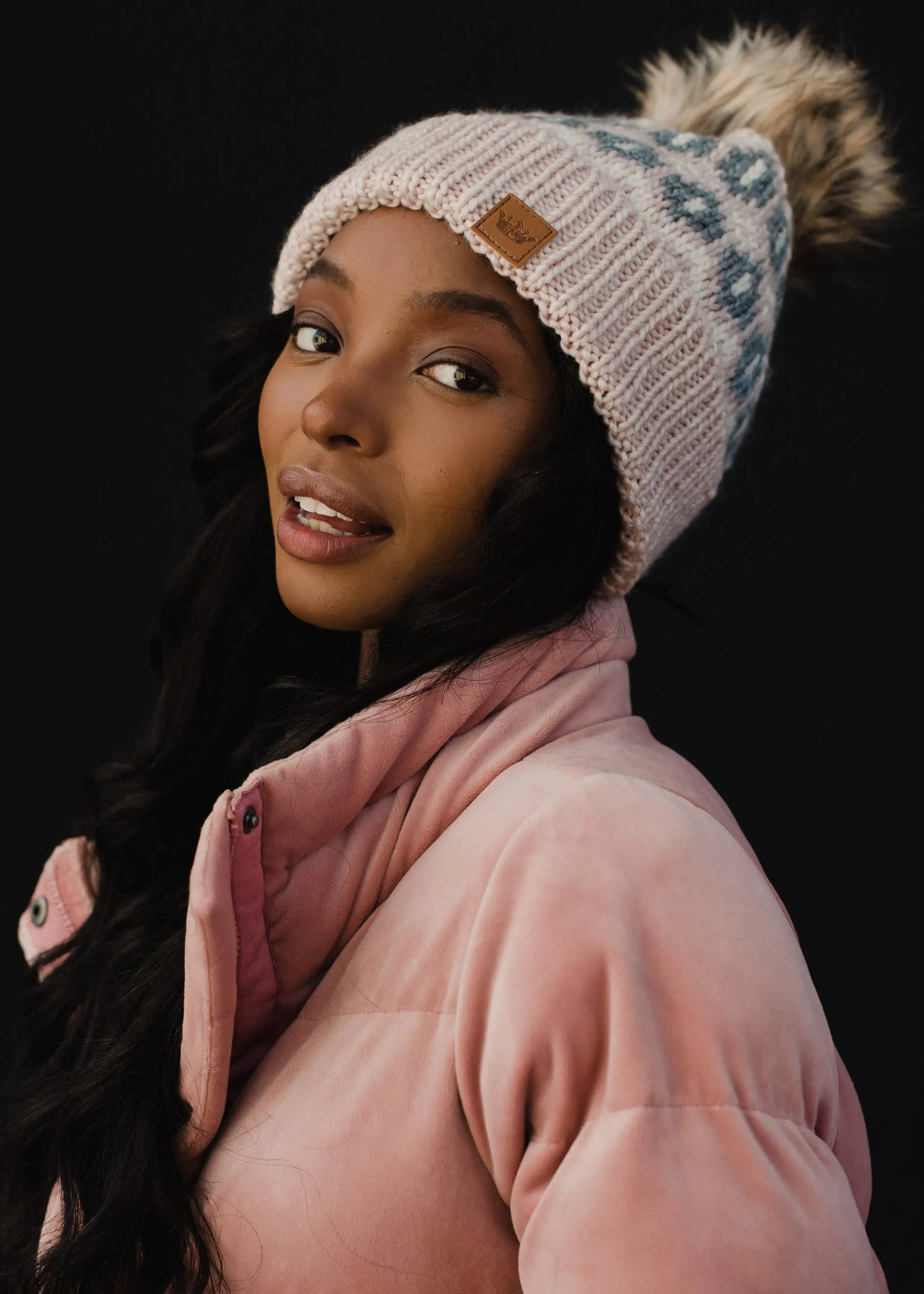 Pink, Grey & Cream Pattern Pom Hat